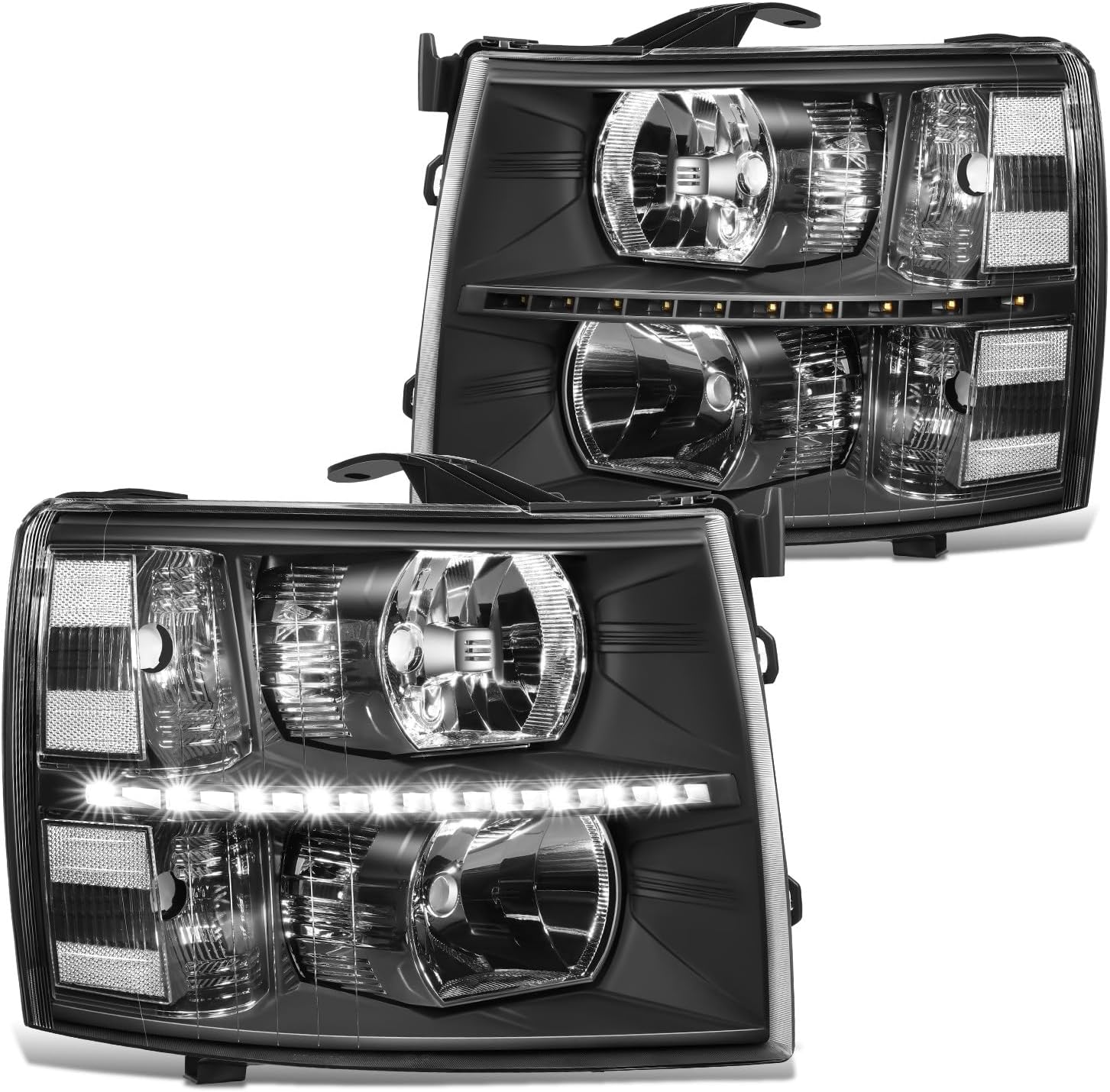 DNA MOTORING Pair LED DRL Headlights Compatible with 07-13 Chevy Silverado 1500 07-14 Silverado 2500 3500 HD, Black/Clear, HL-LED-CSIL07-BK-CL1