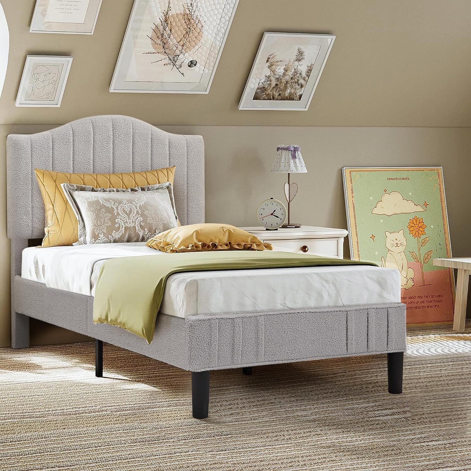 VECELO Twin Size Bed Frame, Upholstered Platform Beds with Height-Adjustable Headboard/Strong Wood Slats Supports / 7.9'' Under Bed Storage Space/Noise Free/No Box Spring Needed, Grey