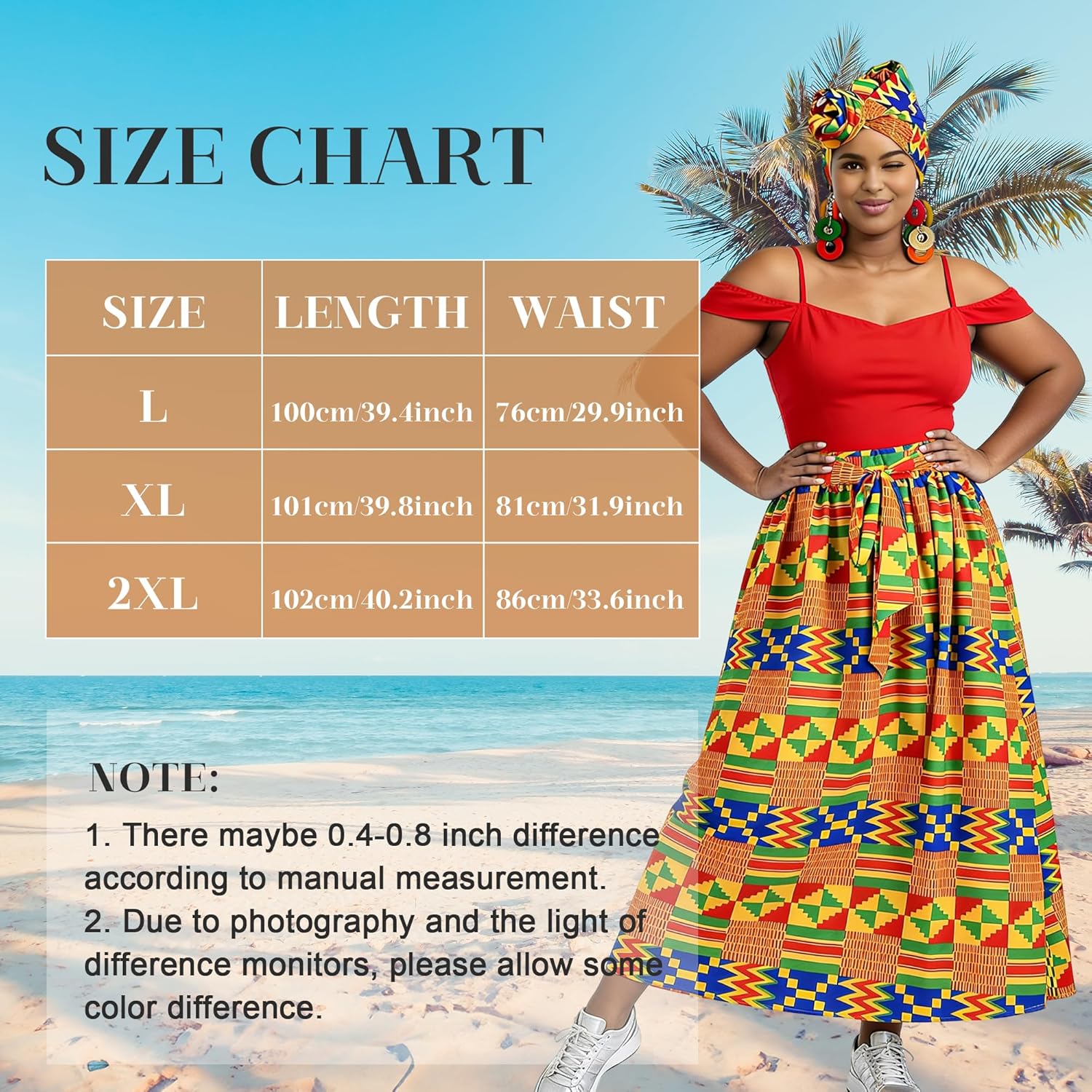 5 Pcs Women African Maxi Skirt Set Casual Printed Traditional Costume Head Scarf Drop Dangle Earrings Necklace Bead Bracelets - Image 6