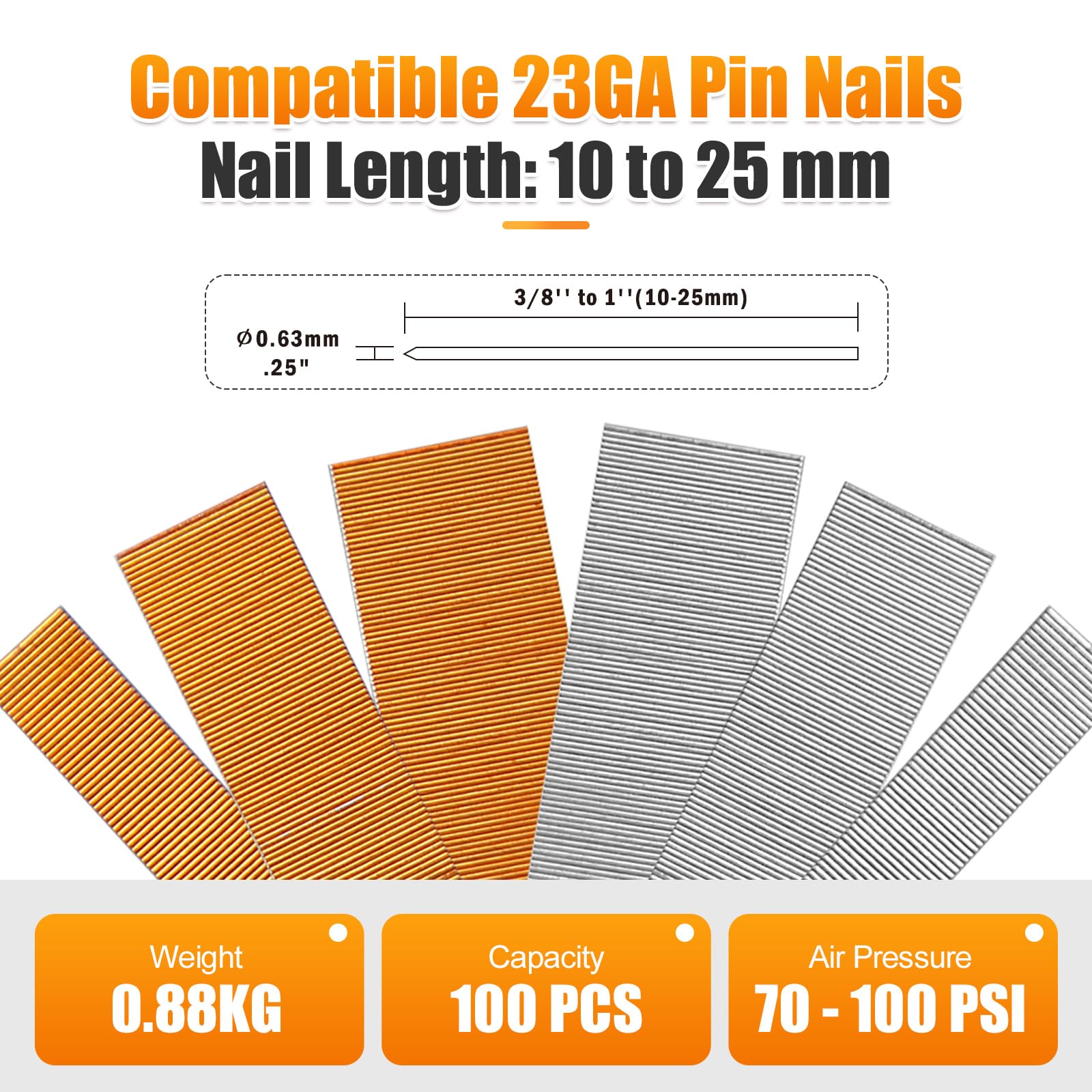 Cloueuse pneumatique P625+P612SS de calibre 23 avec 10 000 broches en acier inoxydable de 12 mm, convient aux clous sans tête de 12 à 25 mm, cloueuse de finition pistolet à air comprimé pour armoires,