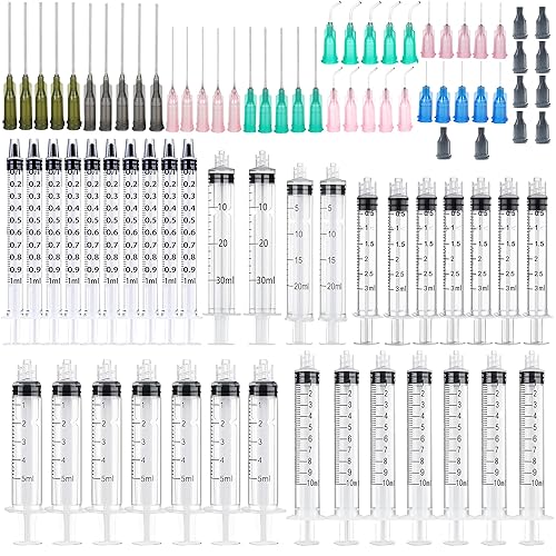 Paquete de 35 jeringas de 0.0 fl oz, 0.1 fl oz, 0.2 fl oz, 0.3 fl oz, 0.7 fl oz, 1.0 fl oz, 14ga, 16ga, 18ga, 20ga, 22ga, romo y tapas, aplicador de