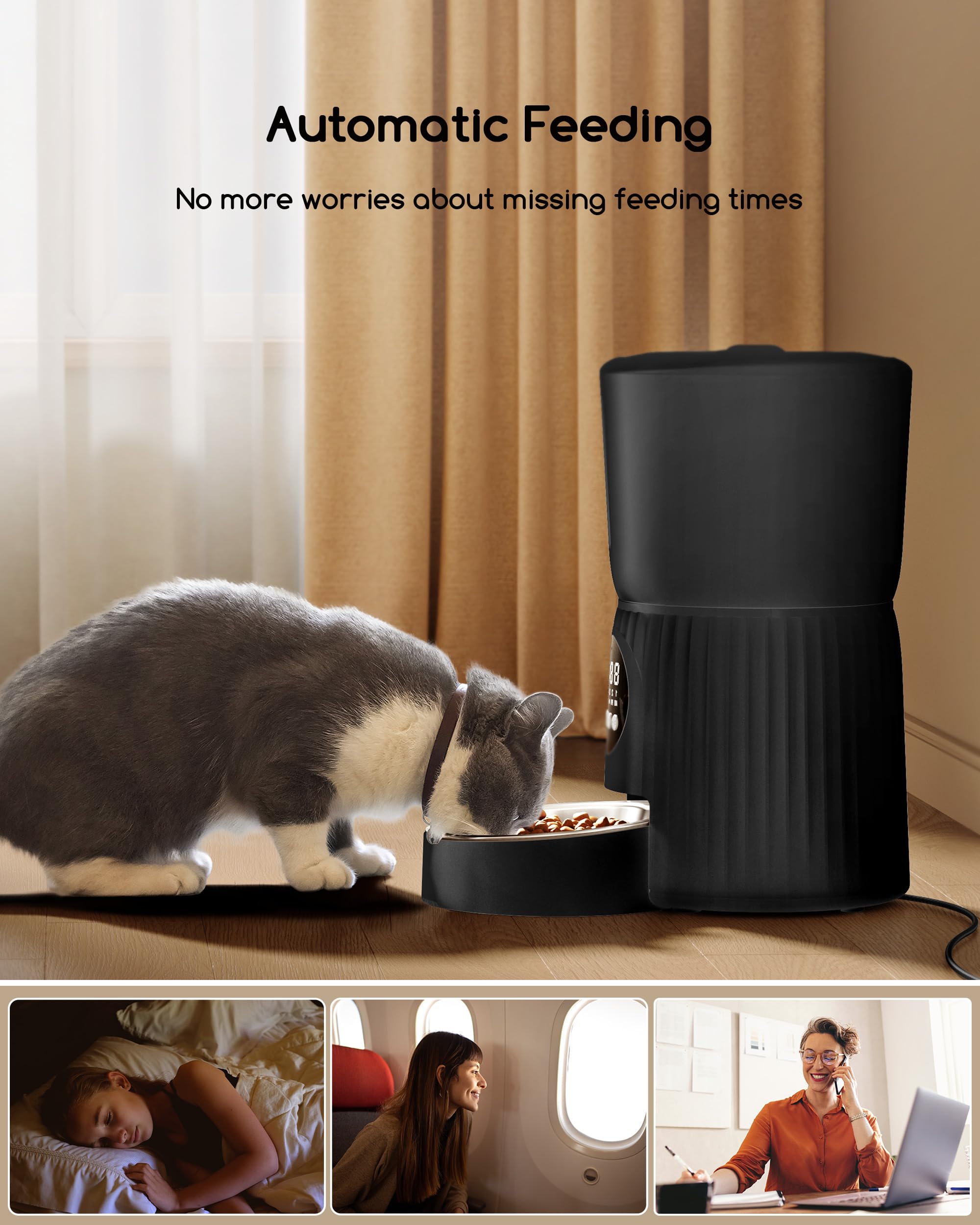 Faroro Distributore Automatico Cibo Gatti, 4L Dispenser Crocchette Gatto con 1-6 Pasti Al Giorno, Porzioni Regolabili, Voce 10s, Alimentazione Lenta (Nero)