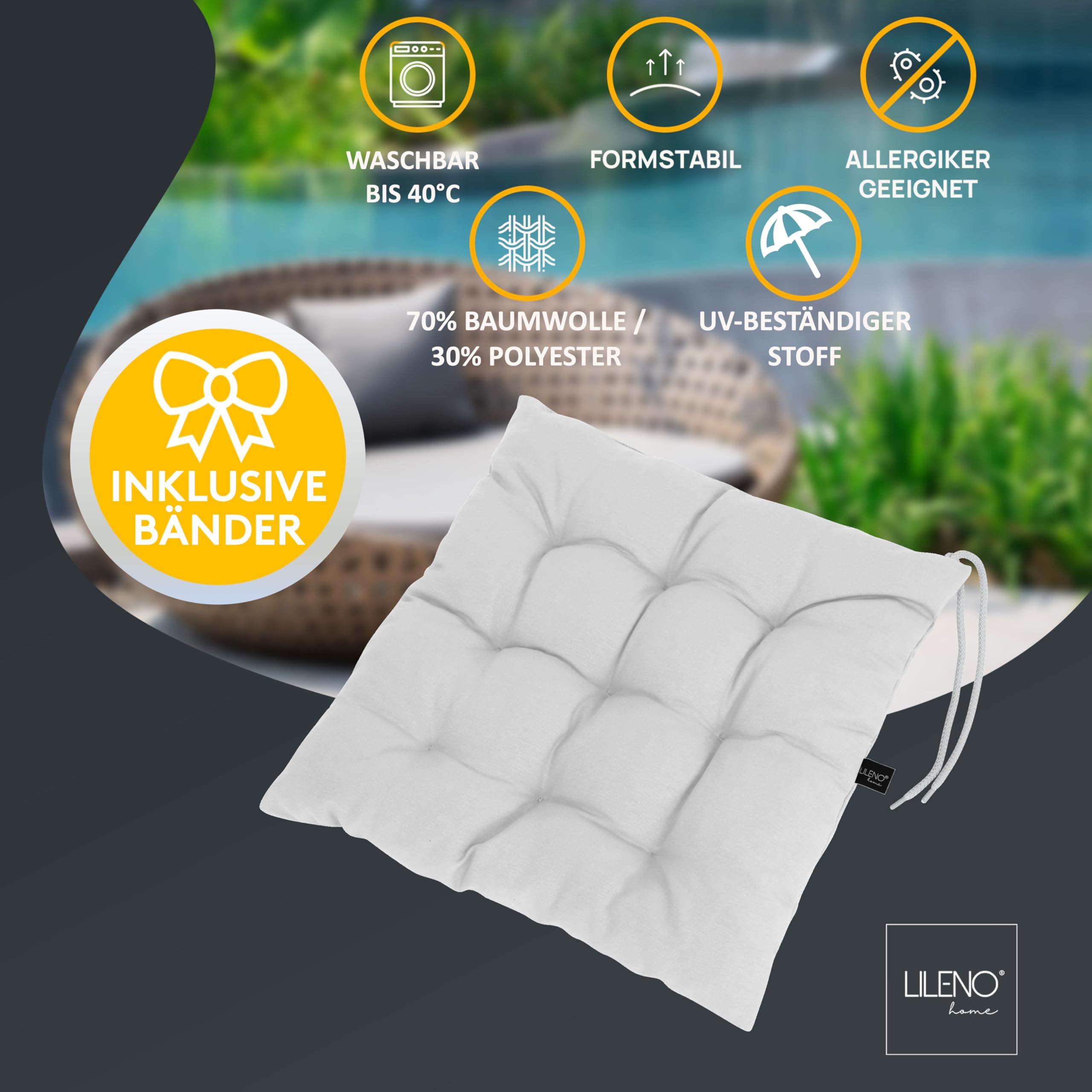 LILENO HOME 6er Set Stuhlkissen 34 Weiß (40x40x6 cm) - Sitzkissen für
