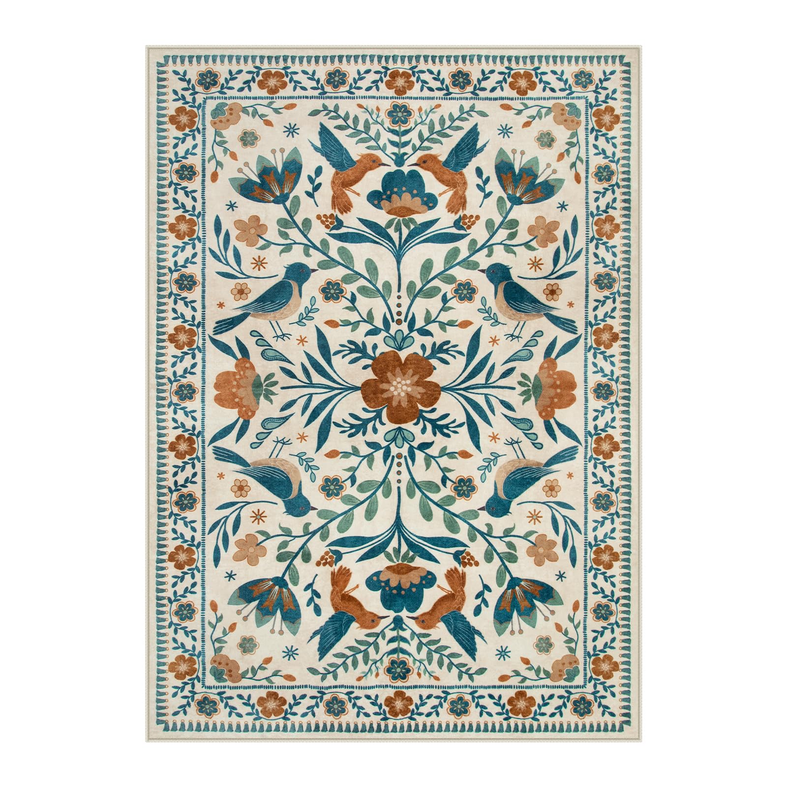 Moynesa Bedroom Rug 5x7, Washable Modern Bohemian Area Rugs for Living Room Dining Room, Farmhouse Floral Bird Print Pattern Carpet, Retro Home Decor