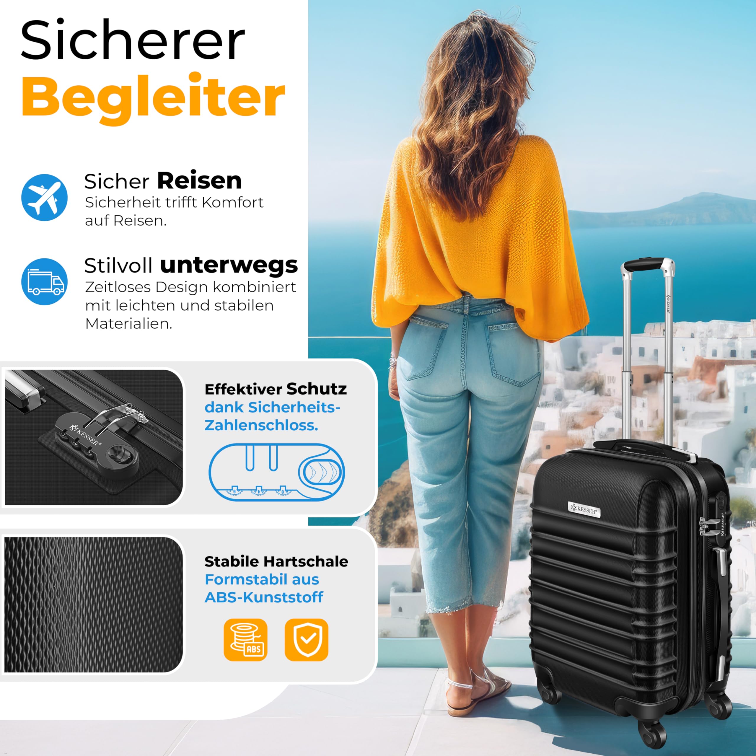 KESSER® Set de 4 valises à Coque Dure, Valise à Coque Dure, Trolley Valise INCL. Balance de Valise + étiquette de Bagage Valise à roulettes, Serrure, 4 roulettes ABS-Coque Dure, S-M-L-XL