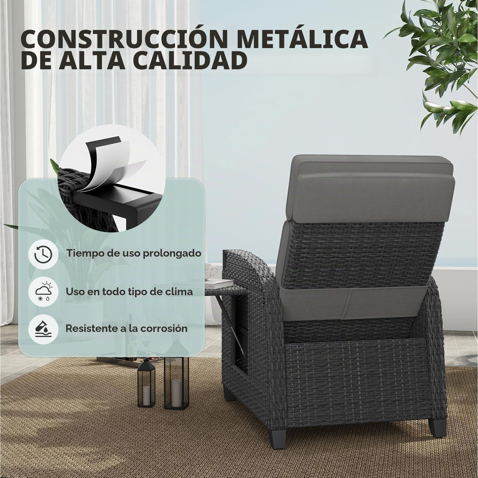 UDPATIO Sillón Ratán Jardin Exterior Reclinable, Tumbona de Jardín Ajustable 150°, con Respaldo Ajustable, Fundas + Extraíbles Cojines, Impermeable, para Interior y Exterior - Gris