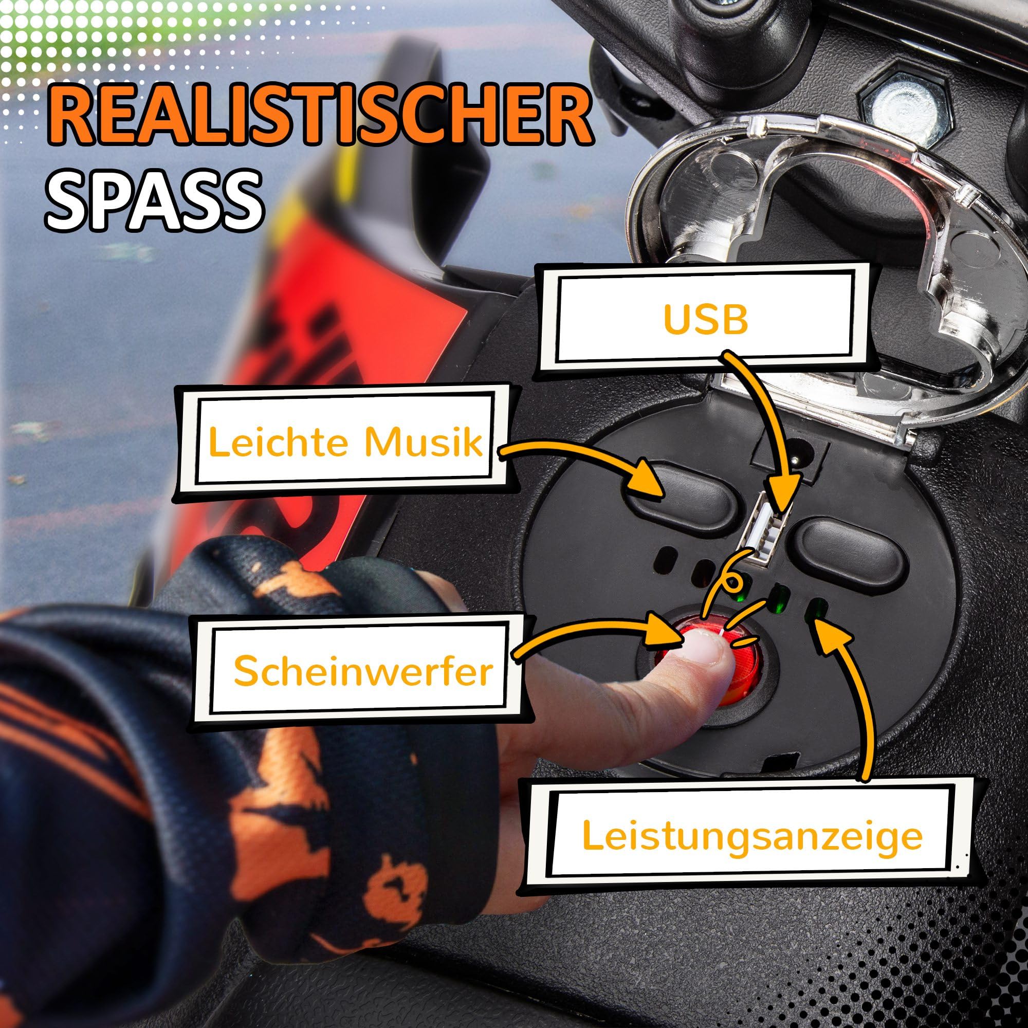 AIYAPLAY Elektro Kindermotorrad Aprilia Elektromotorrad mit USB, Stützrädern, Musik, Scheinwerfer, Kinder 6 km/h Elektro Motorrad mit 2 Stützrädern für Kinder von 3-8 Jahren Gelb