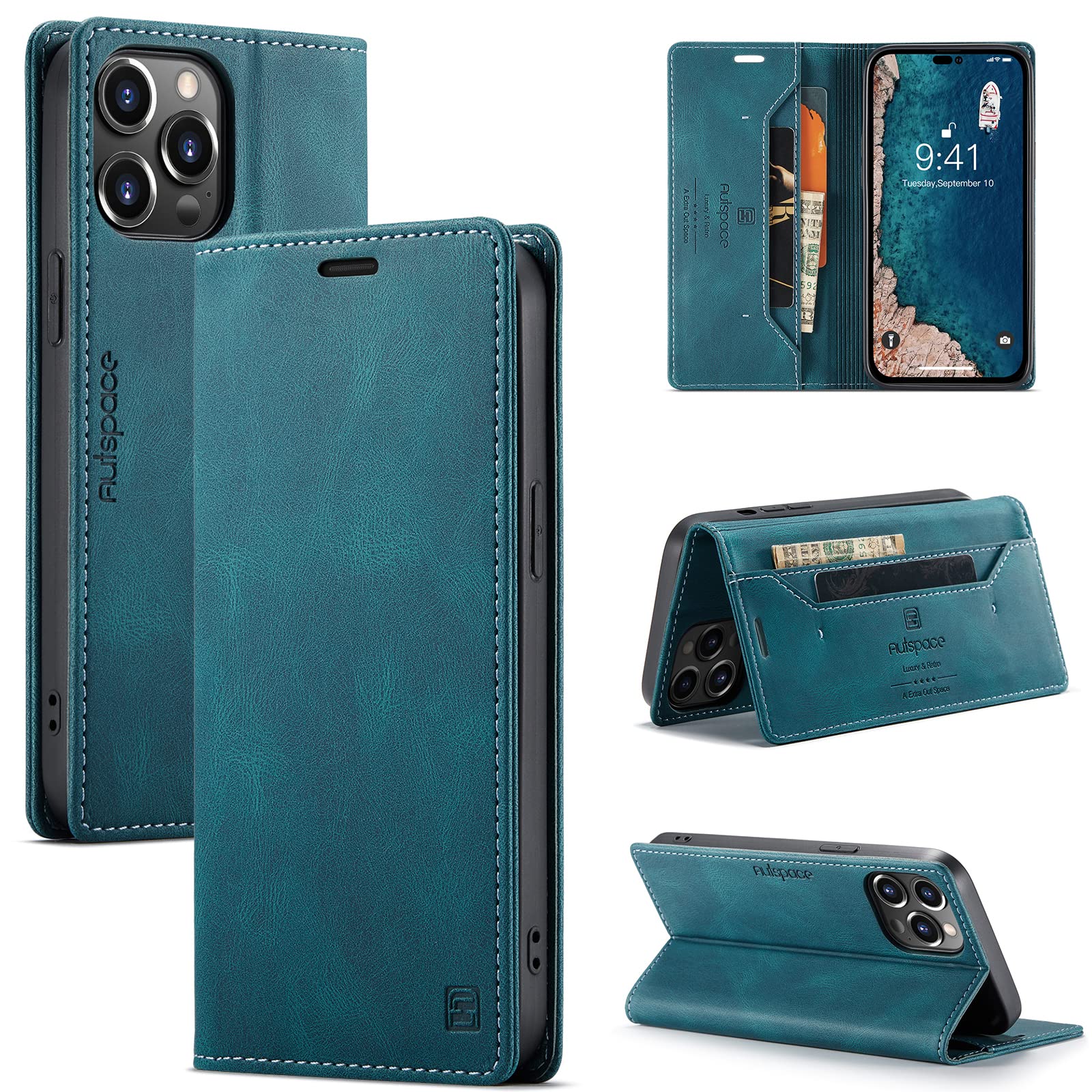 Custodia A Portafoglio In Pelle Per IPhone 14 Pro Max - Stile Vintage E Funzionalità (Blu) - 3