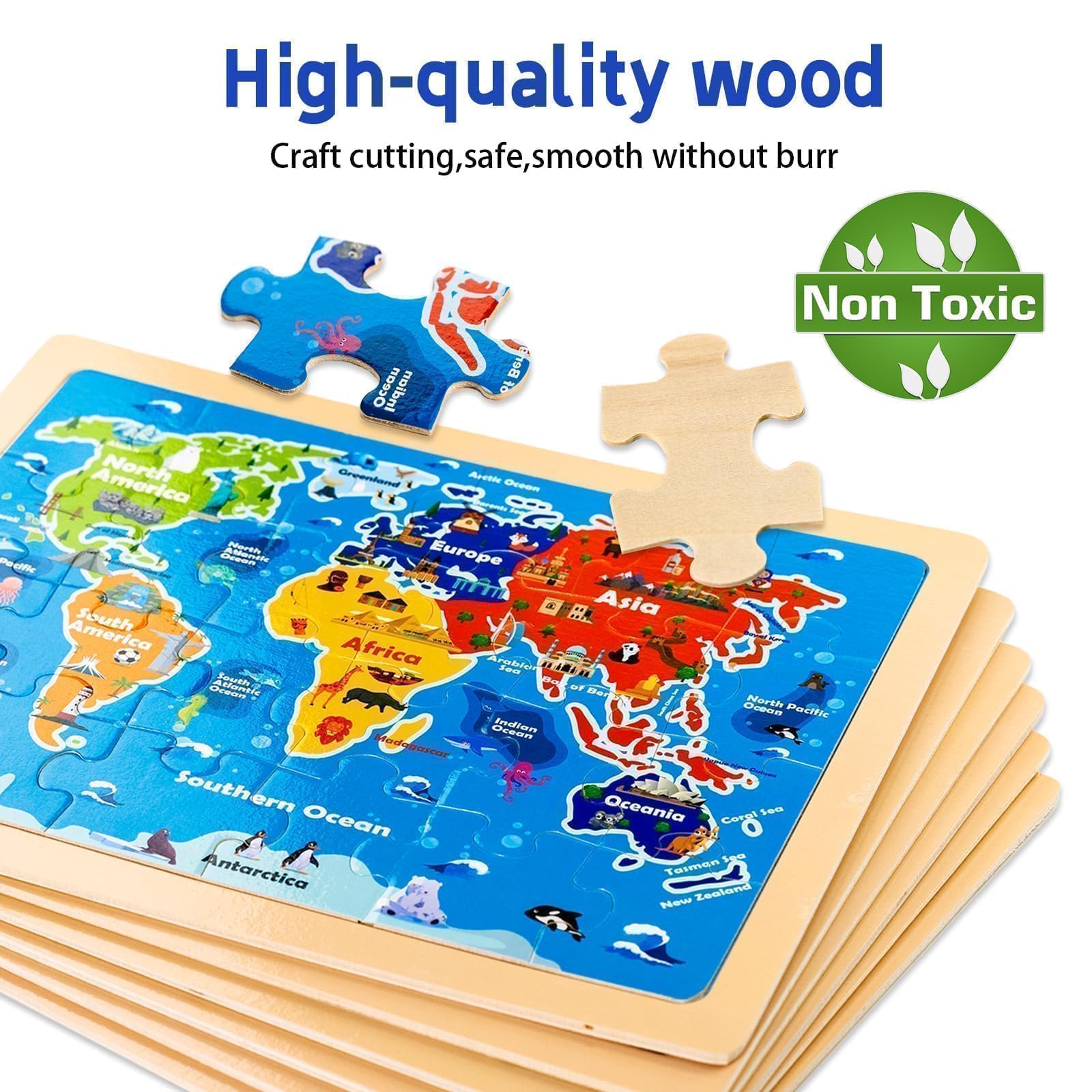 Holzpuzzle für Kinder von 2 bis 4 Jahren, 6 Packungen à 24 Stück, Sonnensystem, Weltkarte, Puzzles für Kleinkinder von 3 bis 5 Jahren, Lernspielzeug für Kinder im Vorschulalter