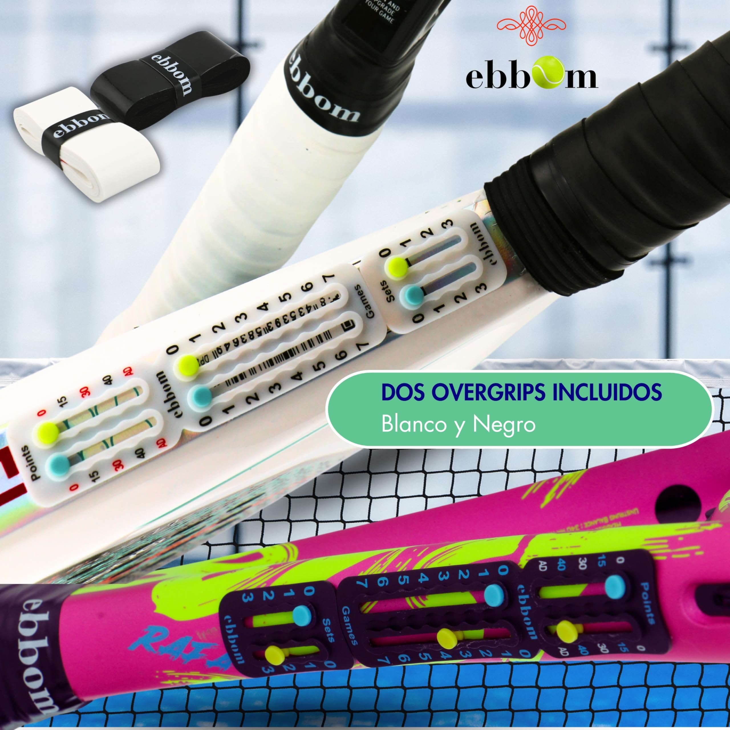 Segnapunti Padel e Tennis Ultralight con Adesivo 3M - Include 2 Overgrip B/N e 1 Pulitore – Adattabile a Tutte Le Racchette e Padel – Accessori Padel - Contatore Punti Padel