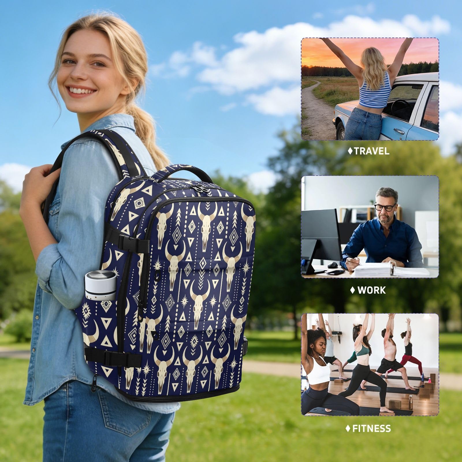 Plecak szkolny torba na laptopa 15,6 cala do samolotów 20 l | Wodoodporna lekka mała torba na laptopa zachodnia kraj byk czaszka aztecki torba na laptopa 16 cali do samolotów mochila