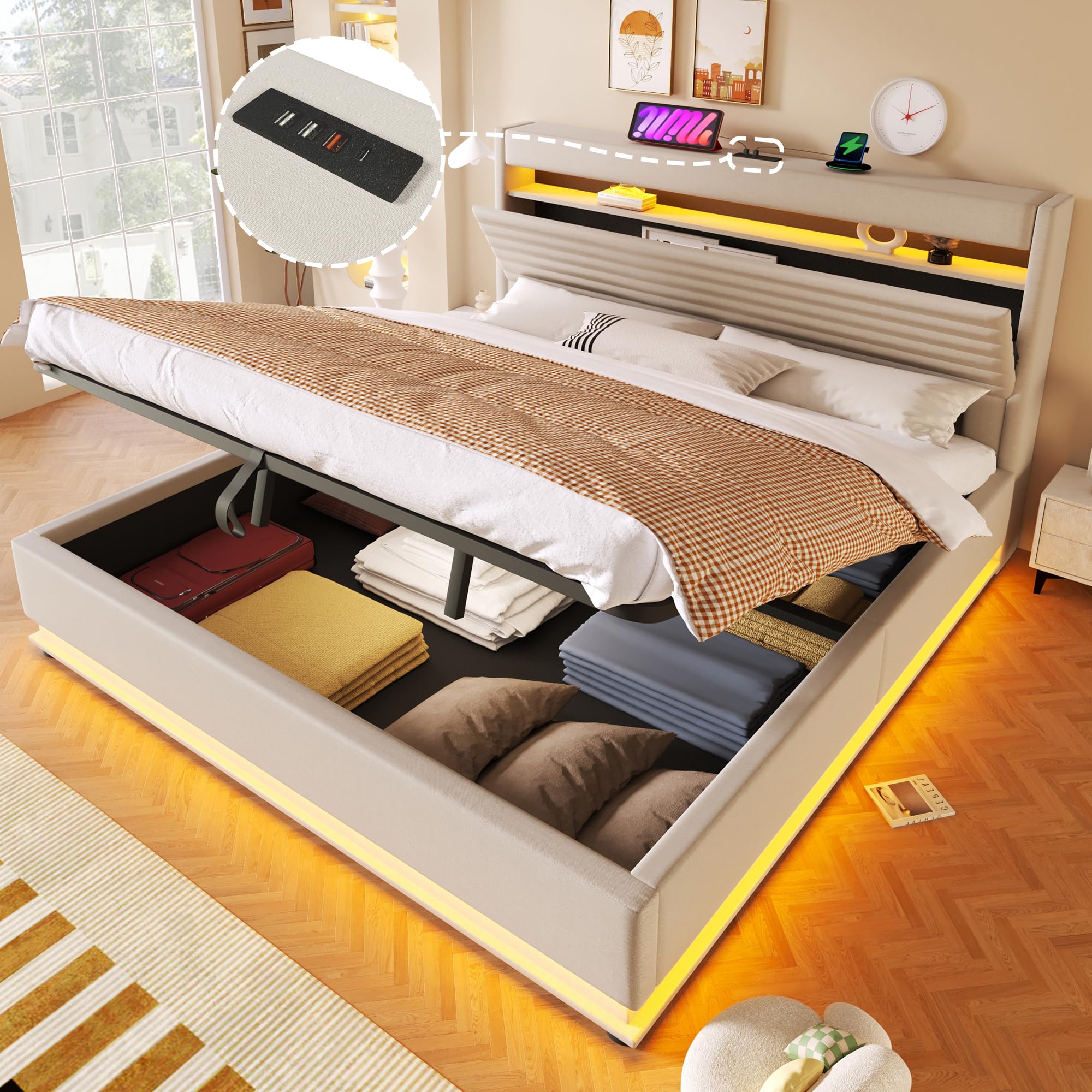 Cama 180x200 cm Camas Matrimoniales con Carga USB y LED, Cama Tapizada Matrimonio con Cabecero de Almacenamiento y Almacenaje Hidráulico, Camas Doble, Lamas Madera, Lino, Sin Colchón, Beige