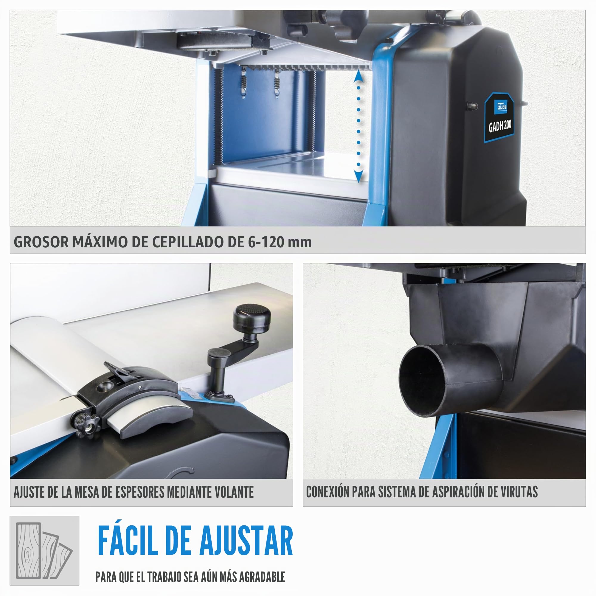 Güde 55440 GADH 200 Enderezadora y cepilladora de aluminio fundido a presión, protección del eje de cepillado, interruptor de sobrecarga, color azul