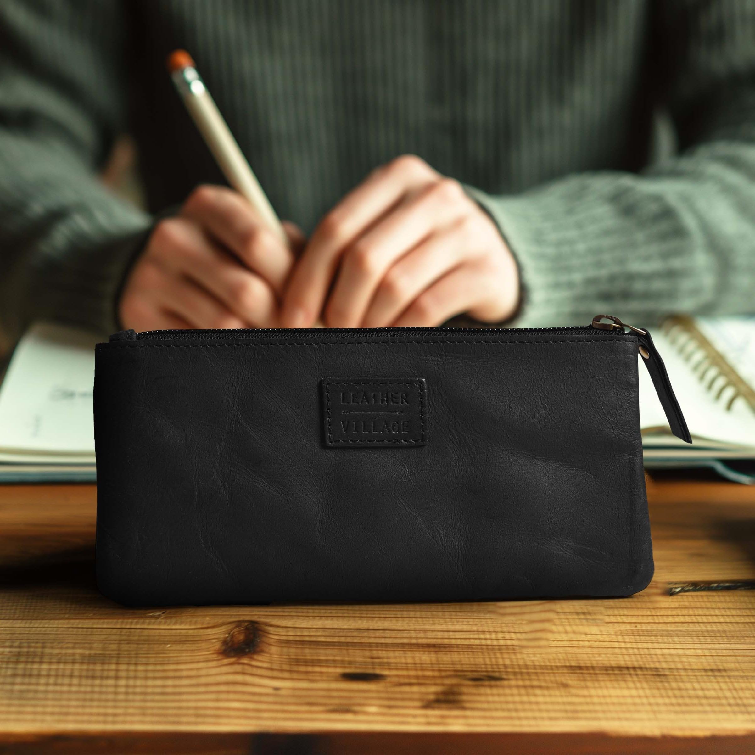 LEATHER VILLAGE Leather Pencil Pouch Pen Case, Matte Black, 8"X4"- Double Pocket - Image 4