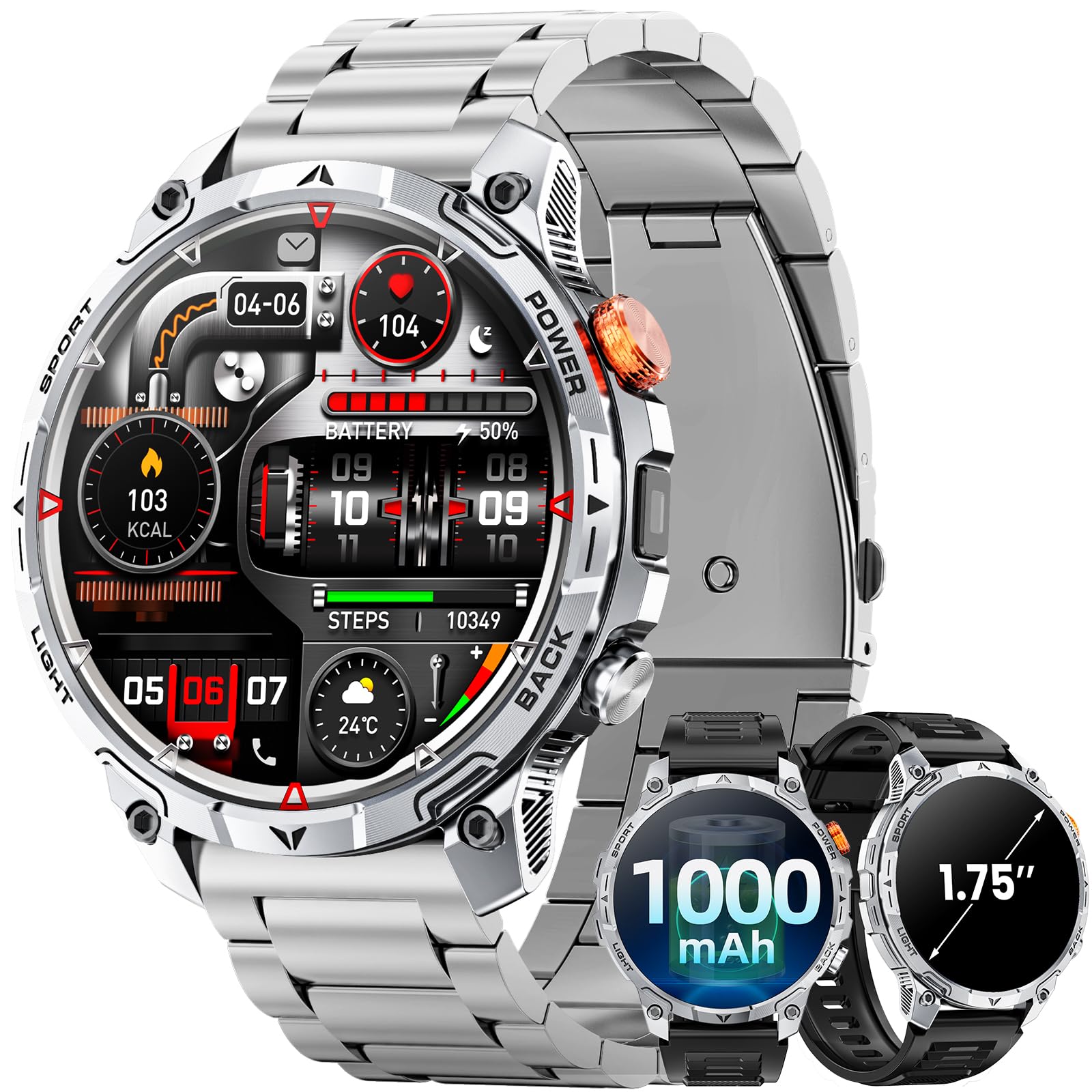 Smartwatch Herren Militär, mit1000-mAh-Akku/2 Armbändern/1,75" HD Großes Display Sportuhr/110+ Sportmodi Fitnessuhr/LED Taschenlampen/24/7Herzfrequenz/Schlafmonitor/IP68 Wasserdicht für iOS Android
