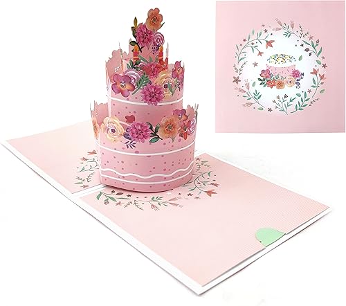 Tarjeta de feliz cumpleaños, tarjetas de regalo de cumpleaños con diseño de pastel rosa 3D, divertida tarjeta de regalo de cumpleaños con sobre y