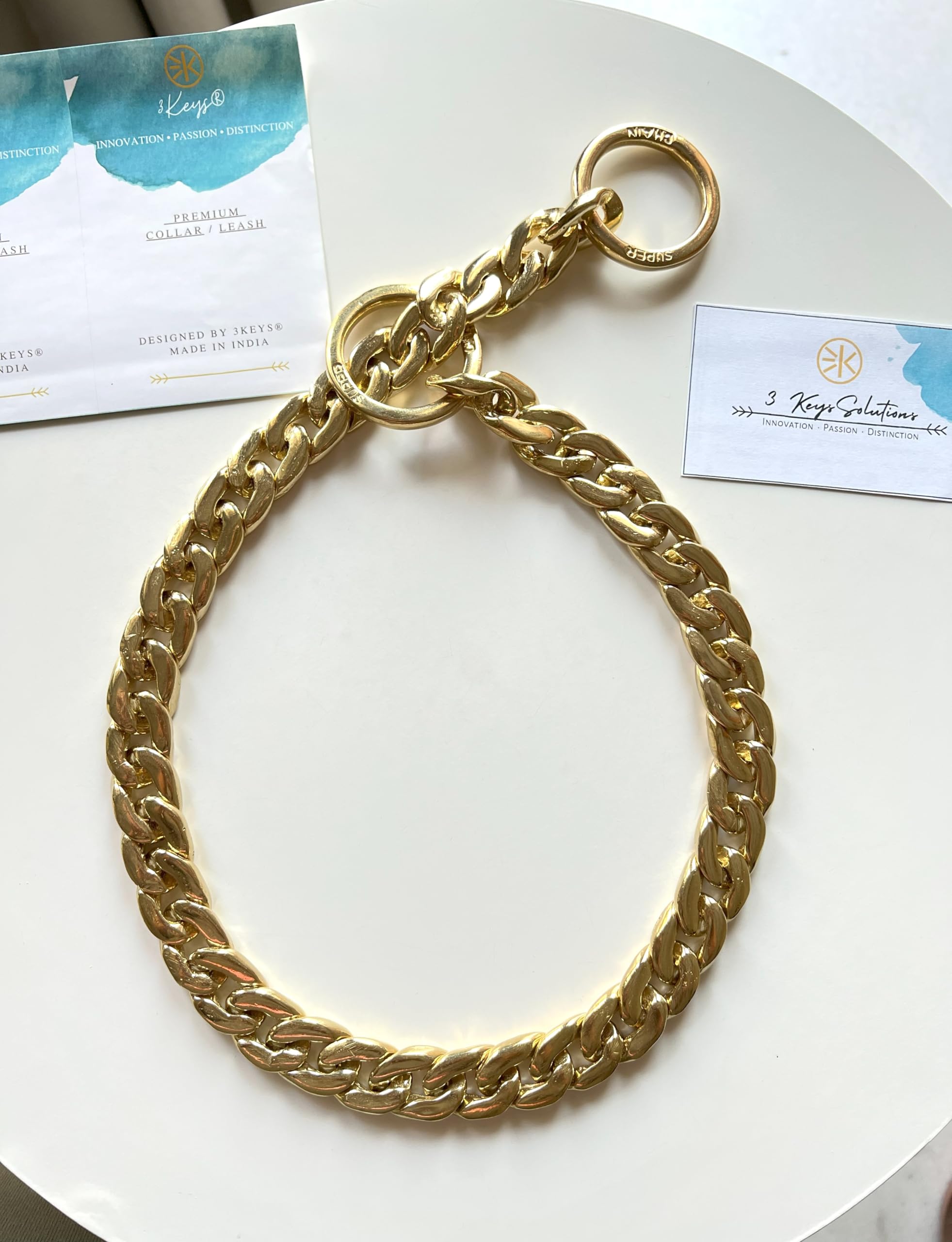 3Keys3Keys® Flat Brass Cuban Dog Chain Collar- Smooth Finish Elegant Curves Glossy Shine Seamless Construction