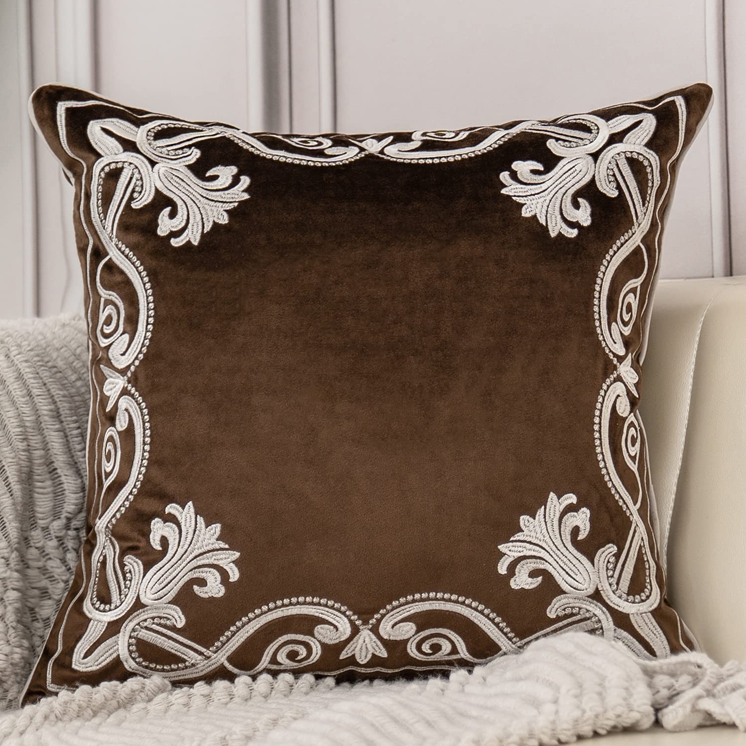 Aeckself European Floral Pillow Cover 18x18 Inch, Luxury Velvet Embroidered Decorative Throw Pillow Cover for Couch Bedroom Living Room, Brown and White