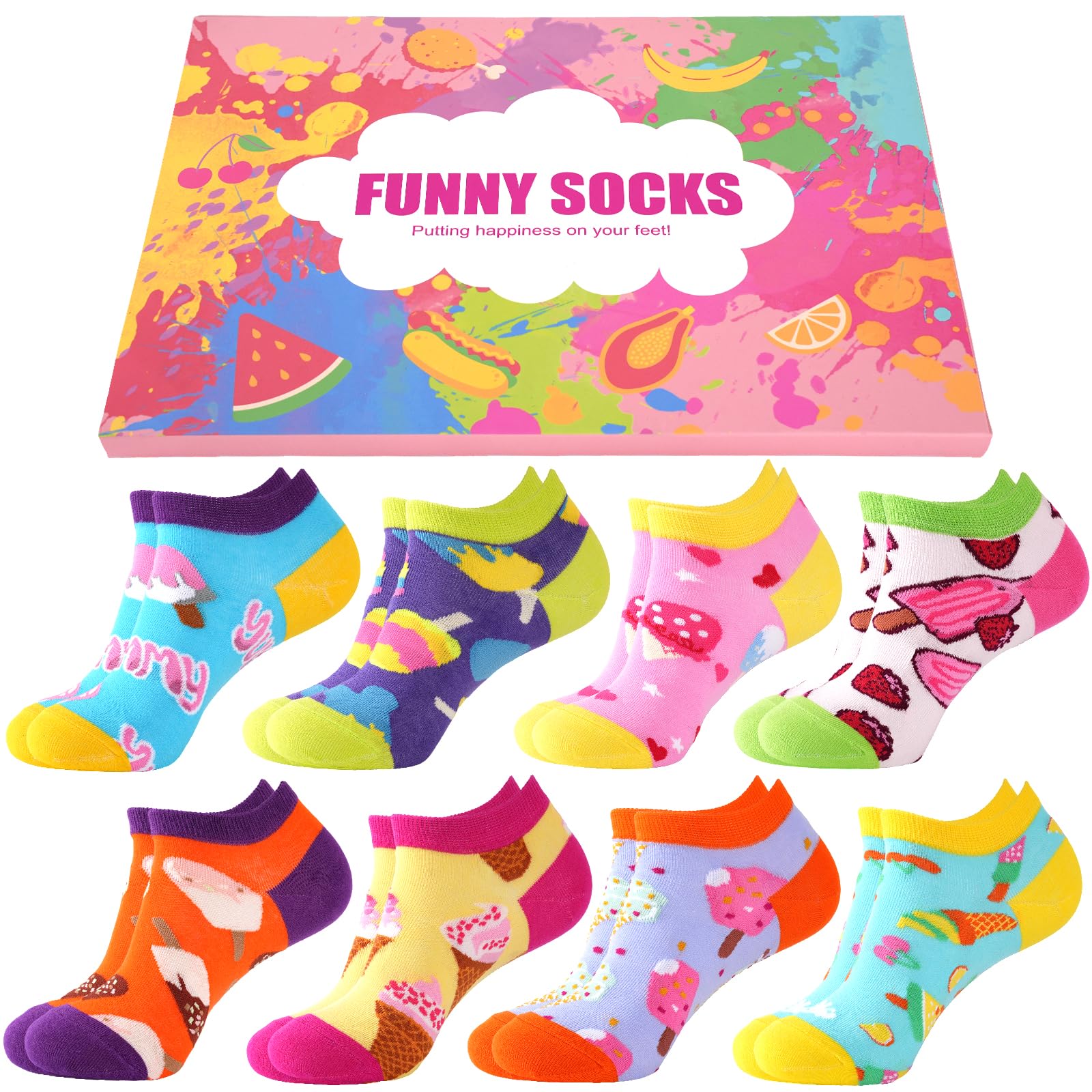 Effeet Lustige Sneaker Socken Damen Mädchen 31-42, 8 Paar Baumwolle Bunte Kurze Socken, Muttertag Geschenk Kleine Geschenke für Frauen Mama