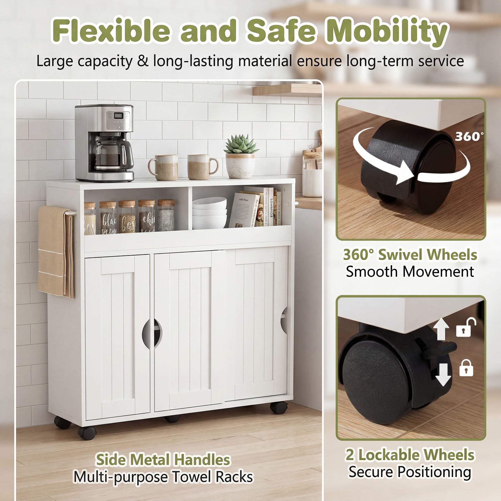 LIFEZEAL Nischenschrank, Badezimmerschrank schmal mit offenen Ablagen, Schrank & Schiebetüren, Nischenwagen mit verstellbarem Einlegeboden, Badrollwagen für Bad, Küche, 75 x 20 x 72 cm, Weiß