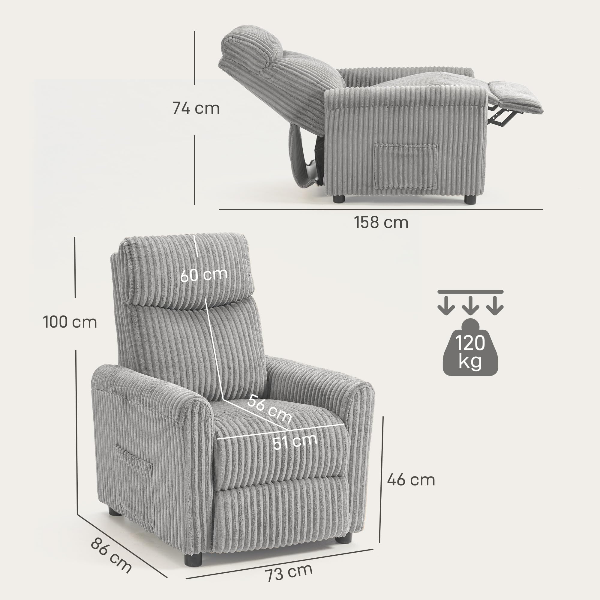 HOMCOM Sillón Relax Reclinable, Sillón Reclinable Manual, Tapizado en Pana, Instalación Rápida, Reposapiés, Acolchado Grueso, para Salón, Dormitorio, Oficina, Gris Claro