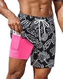 7inch Mens Swim Trunks: with Compression Liner Zipper Pocket Drawstring Quick Dry Stretch Lined Palm Tree Beach Pool