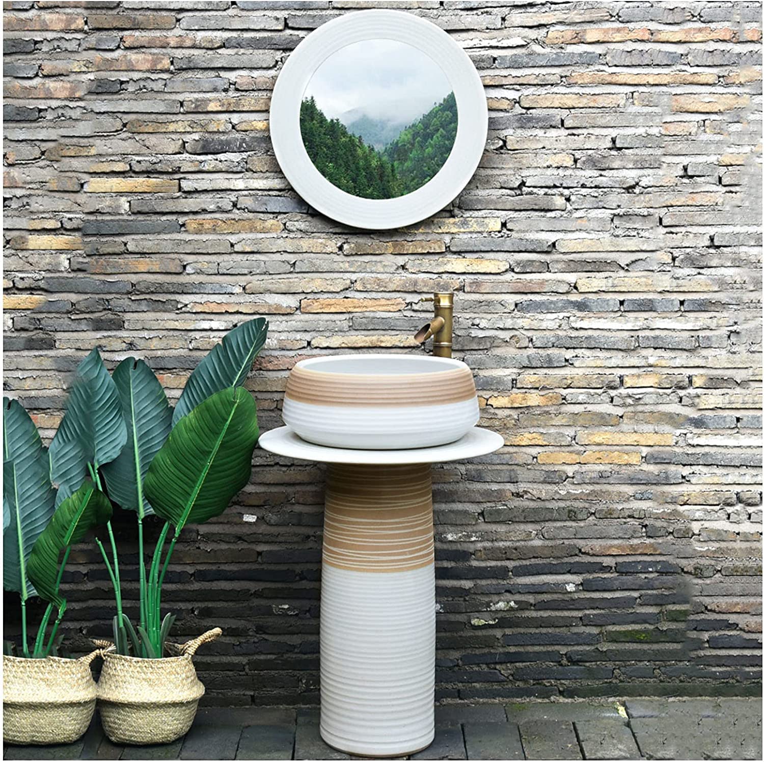 Freestanding Art Pedestal Sink Creative Hotel Sink Vanity Unit - Bathroom Cabinets - Free Standing Vanity Basin - Kaolin Clay Pedestal Sink with Drain Installation Hole for Indoor and Outdoor(Full Set