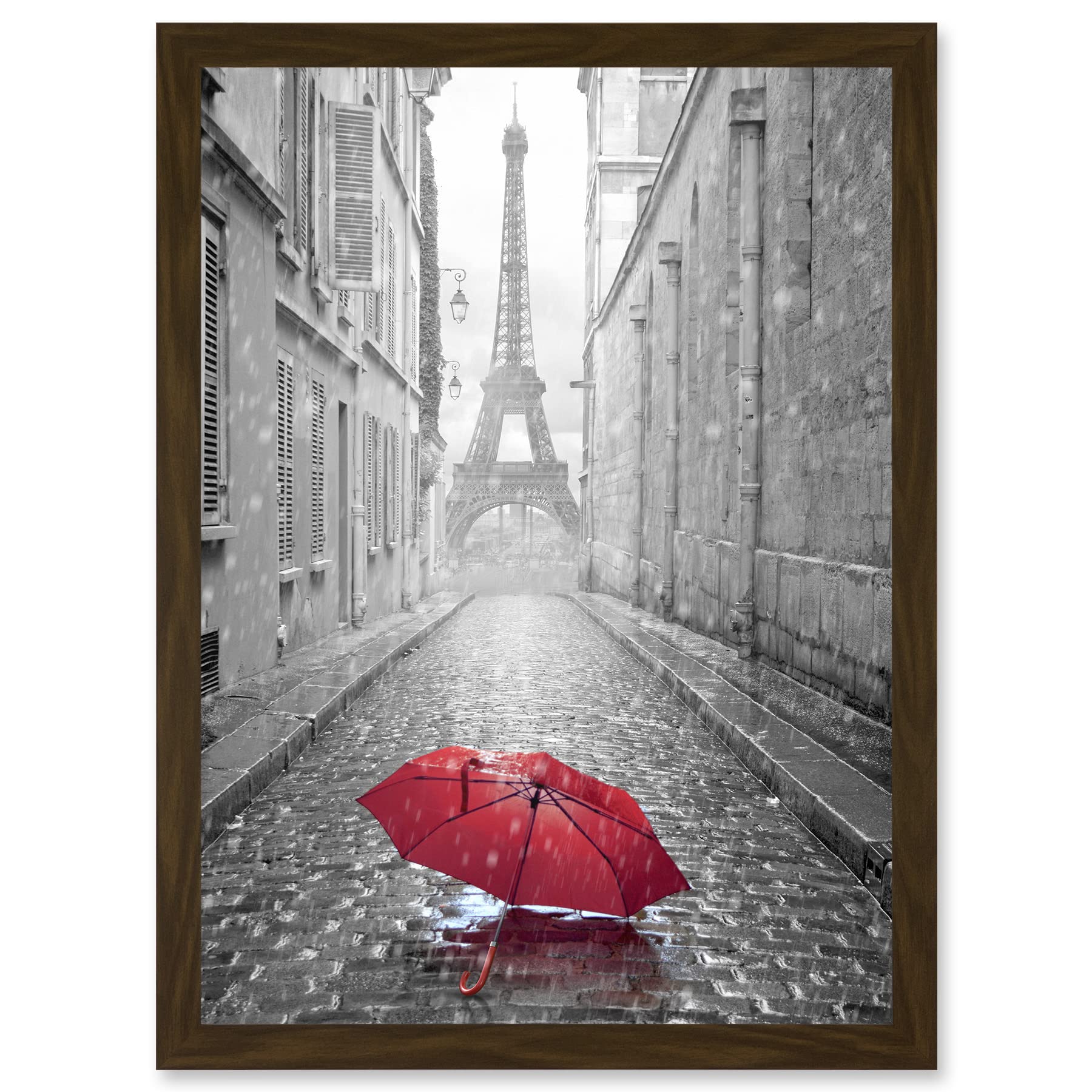 Wee Blue Coo Eiffel Tower In Paris Red Umbrella Rain Alley Cobbles Artwork Framed Wall Art Print A4