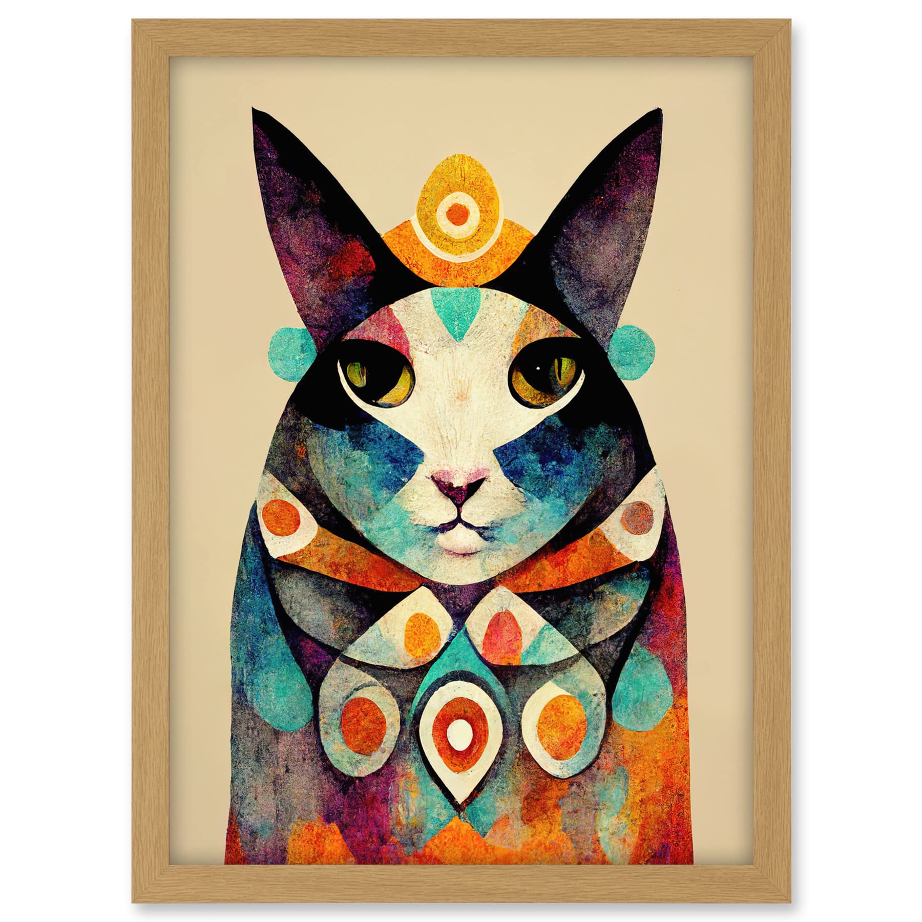 Wee Blue Coo Quirky Boho Abstract Modern Shaman Guru Cat Artwork Framed A3 Wall Art Print