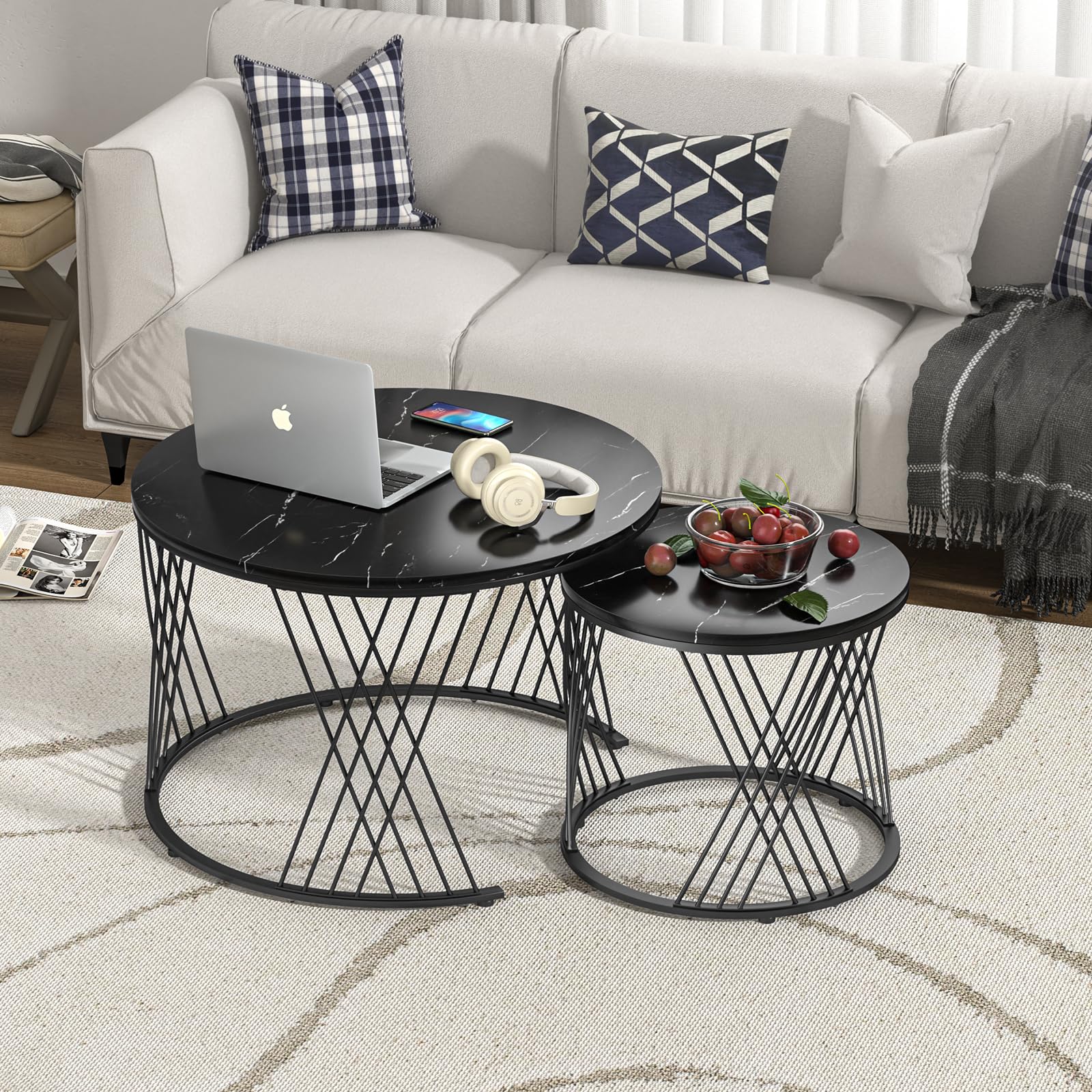 Juego de 2 mesas de Centro Redondas Nido 70/40 cm - Negro con Estructura de Metal Dorado, multifuncionales para salón, Dormitorio, Oficina o apartamento