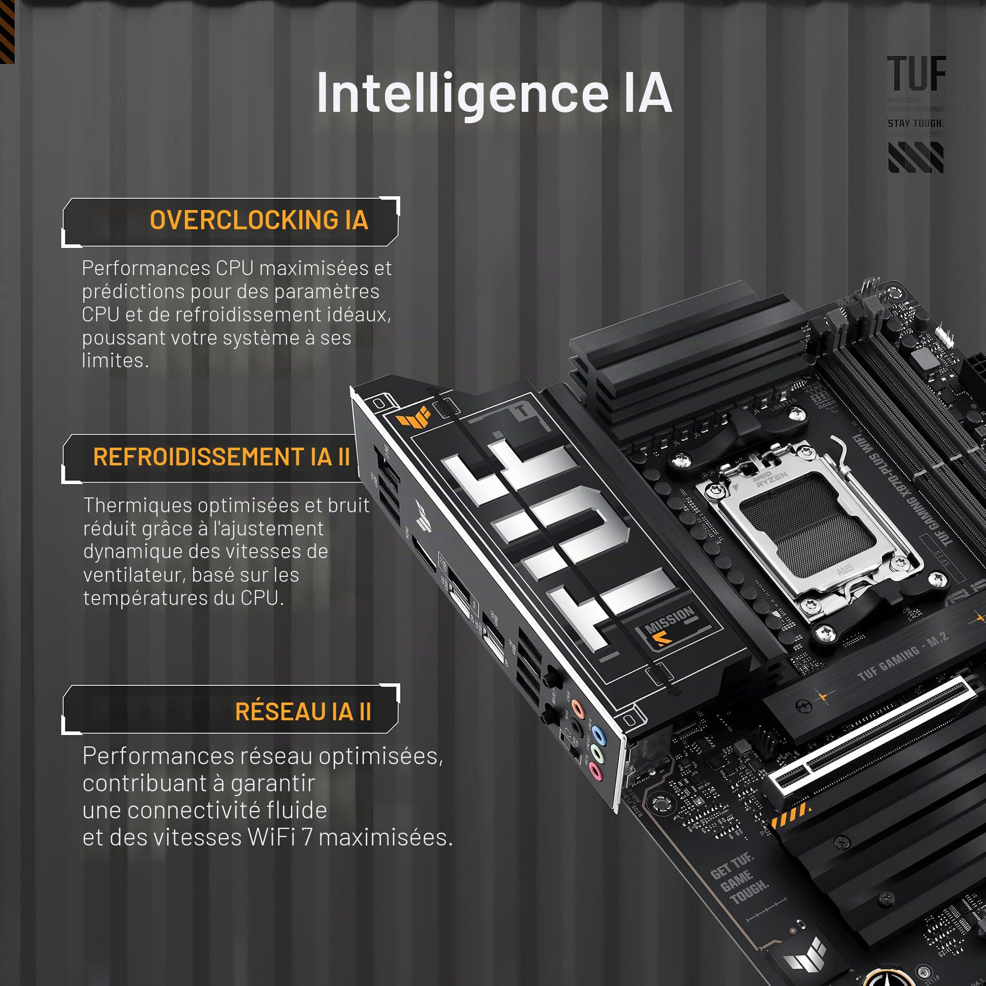 ASUS TUF Gaming X870-PLUS Carte mère WiFi AMD AM5 X870 ATX, 16+2+1, 80A SPS Power Stages, DDR5, PCIe 5.0 Ready, Quatre emplacements M.2, Wi-FI 7, LAN 2,5 Go, HDMI, USB4® 40 Gbit/s, SATA 6 Gbit/s, USB