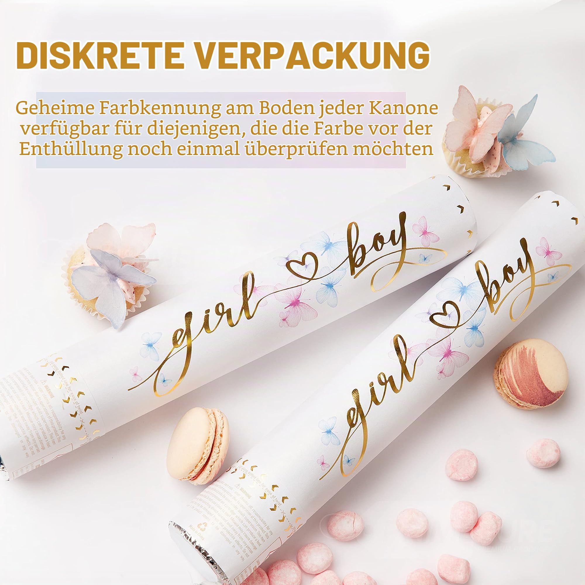 PrimePure Gender Reveal Konfettikanone, Rosa-Blaue Schmetterlinge, 4er-Pack