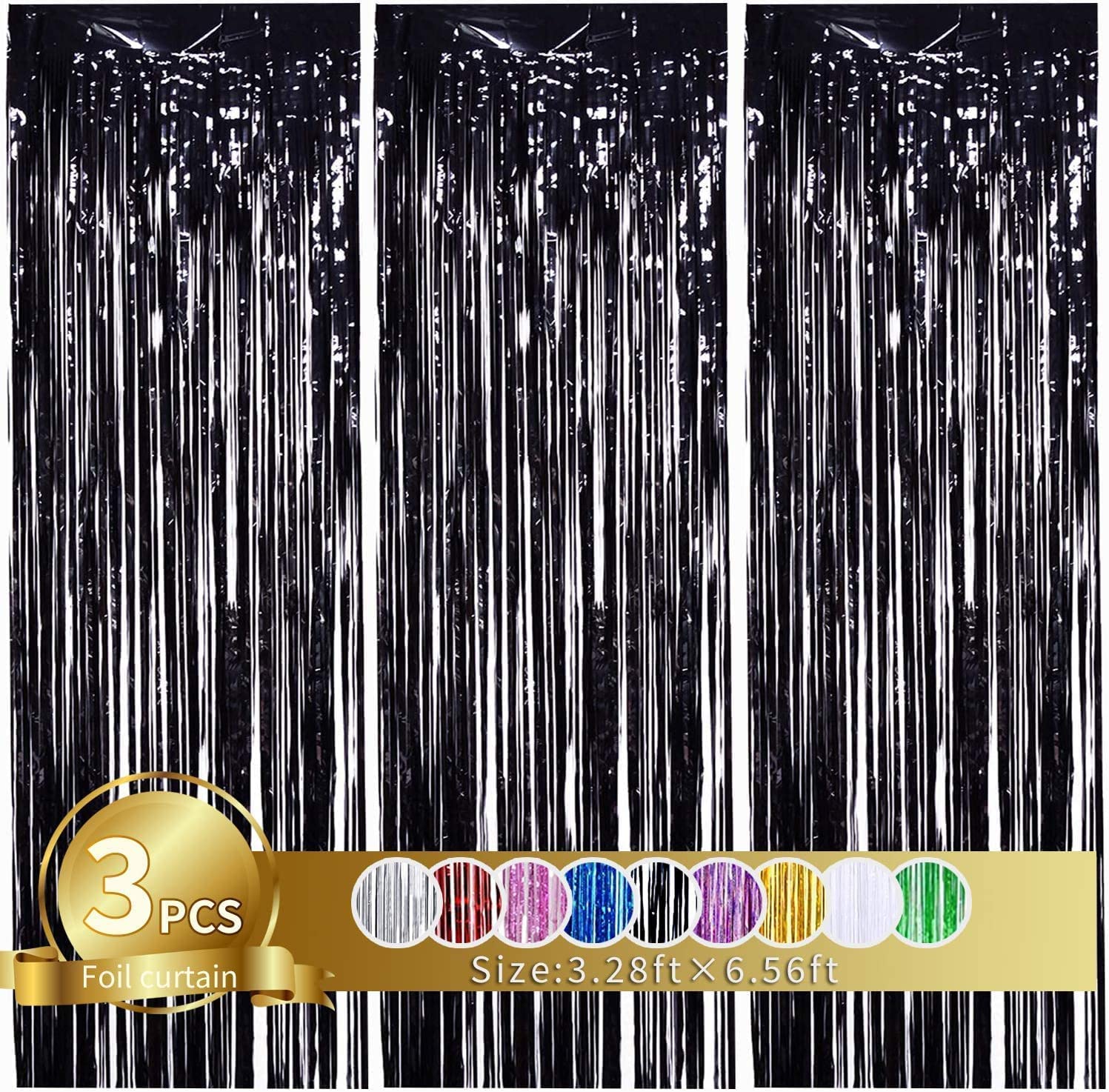 Propsicle Black Foil Fringe Curtains Backdrop 3ft x 6ft - (Pack of 3) Metallic Tinsel Curtain for Birthday, Anniversary, Bachelorette, Baby Shower, Bridal Shower, Photoshoot, Photo Booth