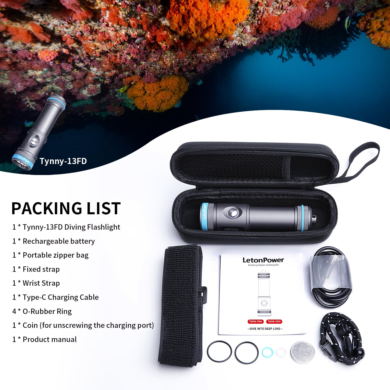 Tynny-13FD 2200 Lumen Tauchlicht für Unterwasserfotografie Fülllicht, 100M Wasserdichtes Kompaktes Unterwasser-Video-Licht, 110-Grad breiter Strahl mit Typ-C Aufladung Tauchen Video Licht
