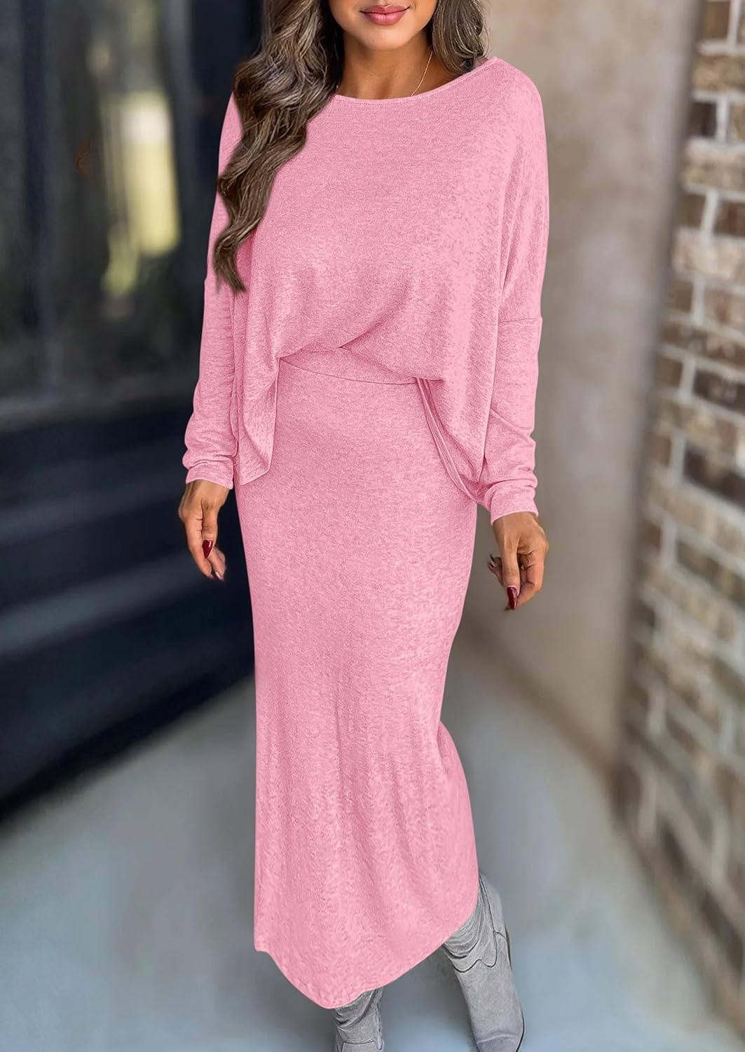 PRETTYGARDEN Women's Fall 2026 Two Piece Matching Skirt Sets Long Sleeve Tops Maxi Long Slit Bodycon Skirts Vacation Outfits - Image 2