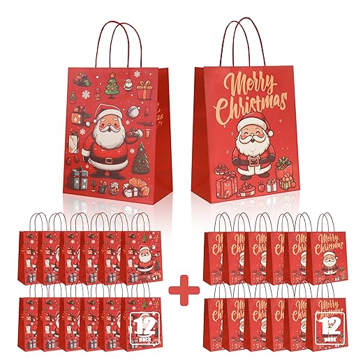WIMARN Merry Christmas Gift Bags 24 Pack - Suitable for Christmas Party and Business Gifts, Eco-Friendly Paper, Gift Bags Big Size, 10.5"X8.2"X4.5" Easy to Decorate Gifts