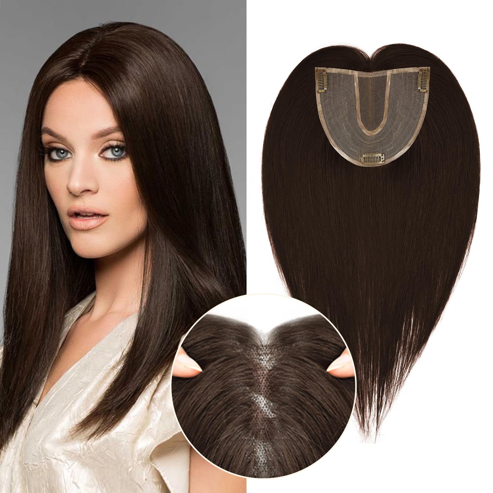 POWERASIA Large Coverage Hair Toppers for Women Real Human Hair Extensions with Thinning Hair No Bangs Wig Topper Upgrade 3.9x5.1inch Swiss Base 150% Density Remy Hair Topper #2 Dark Brown
