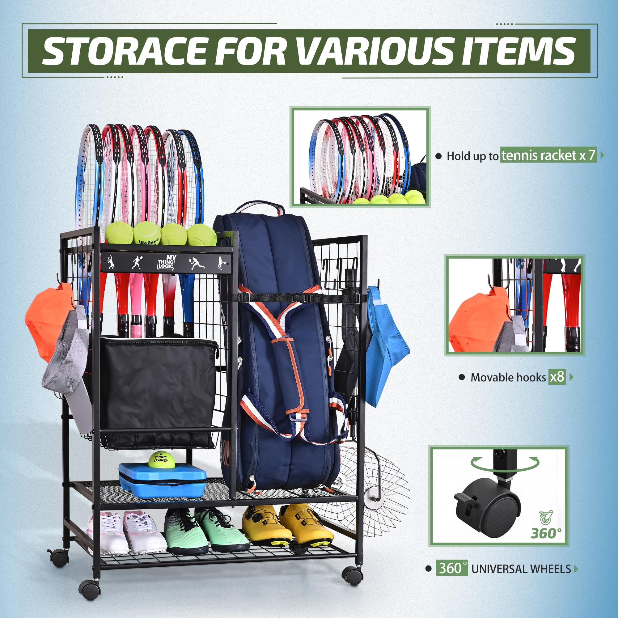 Mythinglogic Tennistaschen-Organizer Tennisschläger-Aufbewahrungsregal, Tennisausrüstungshalter für Taschen, Bälle, Schläger & Zubehör