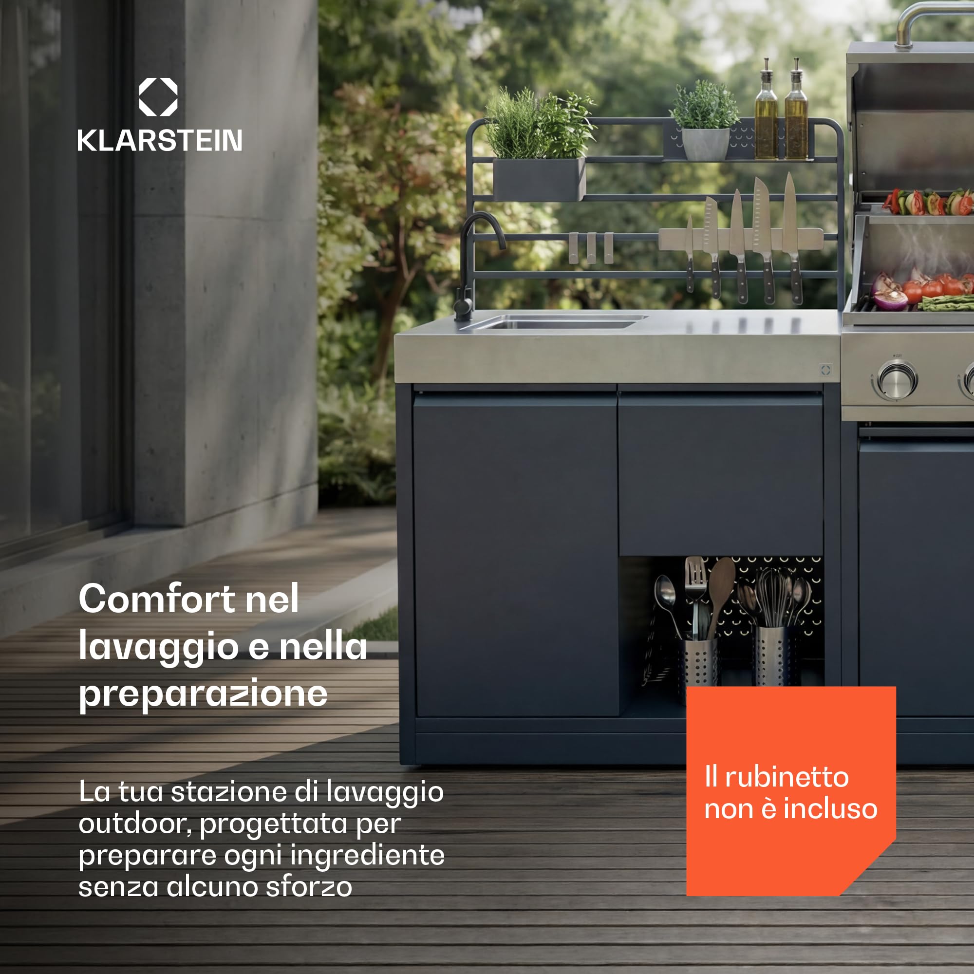 Klarstein WaldChef Mobile con lavello - Mobile per cucine esterne con lavello e piano di lavoro in acciaio inox, acciaio verniciato a polvere, ripiano & cestino estraibile per rifiuti