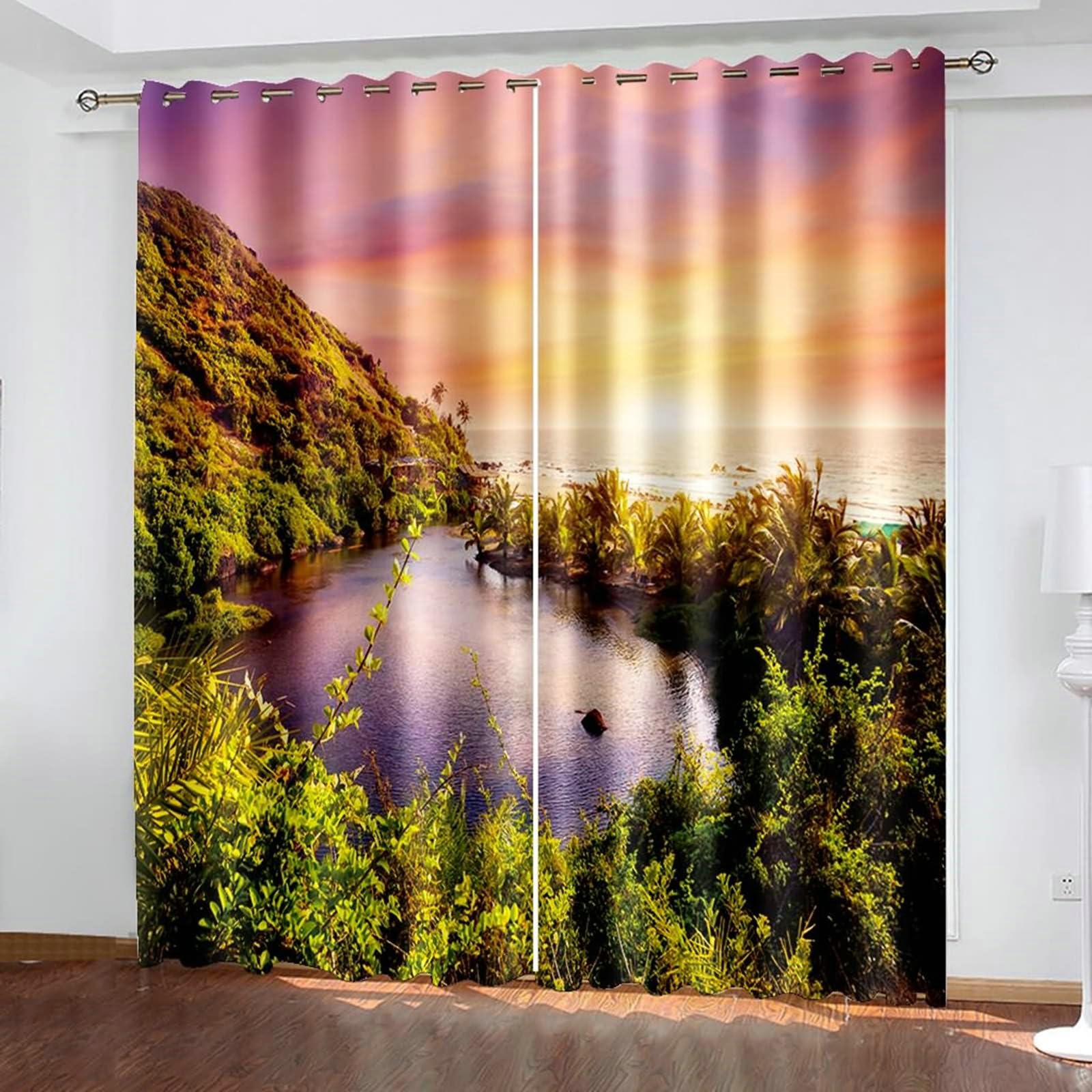 Gualiy Vorhänge Ösen 2er Set, Vorhänge 86x160 Berg Bäume Meer Landschaft Gardinen Vorhang Blickdicht