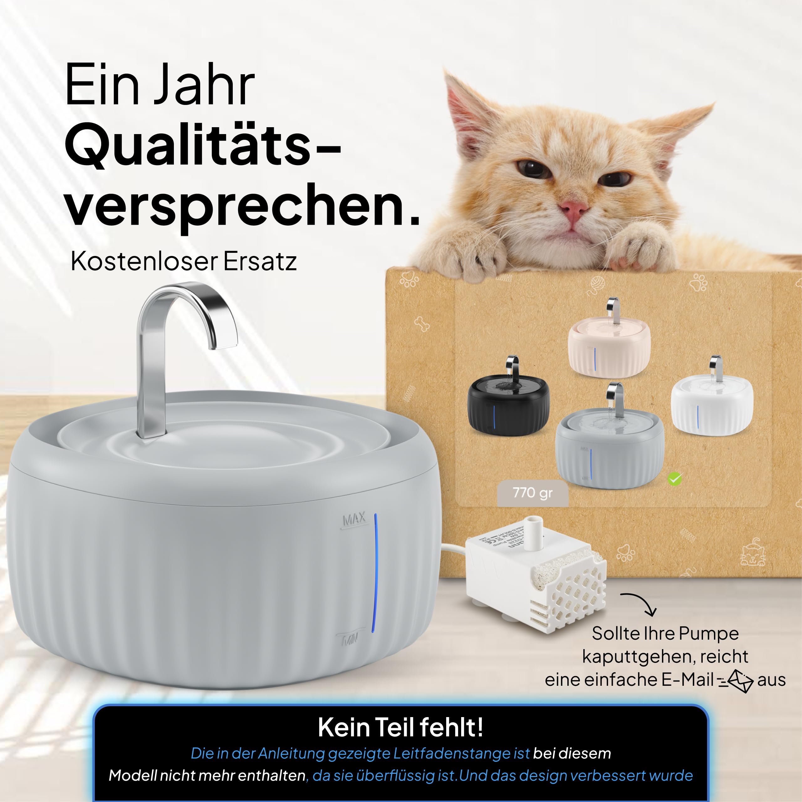 PrettyPaw Katzenbrunnen - Super leiser, BPA-freier 3L Trinkbrunnen für Katze mit LED und Aktivkohlefilter - Leicht zu reinigender Katzen Trinkbrunnen - Aqua Flow (Grau)