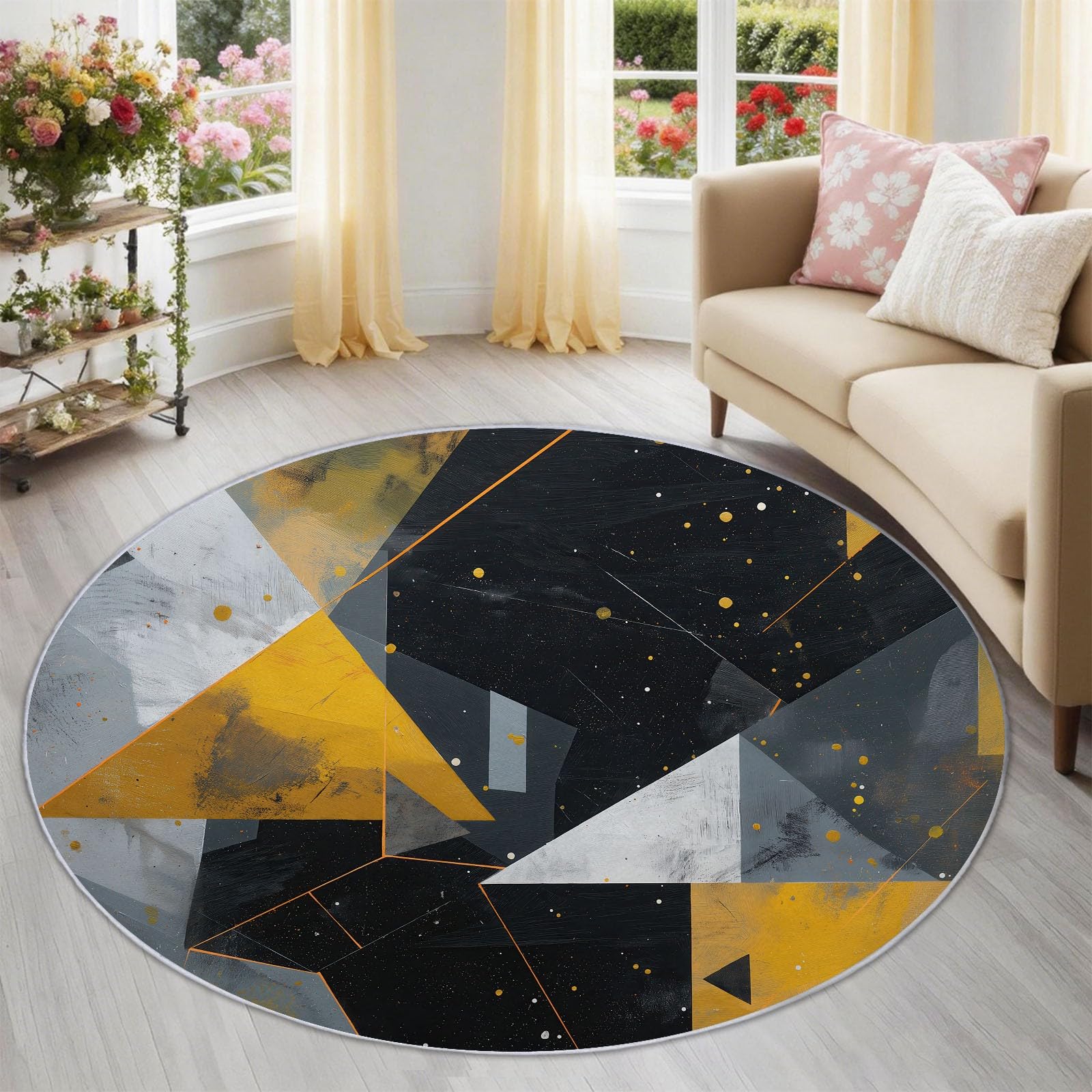 Tappeto rotondo geometrico astratto 120 cm, tappeto lavabile in lavatrice per soggiorno, antiscivolo, stampa triangoli maculati moderni per soggiorno industriale, nero dorato