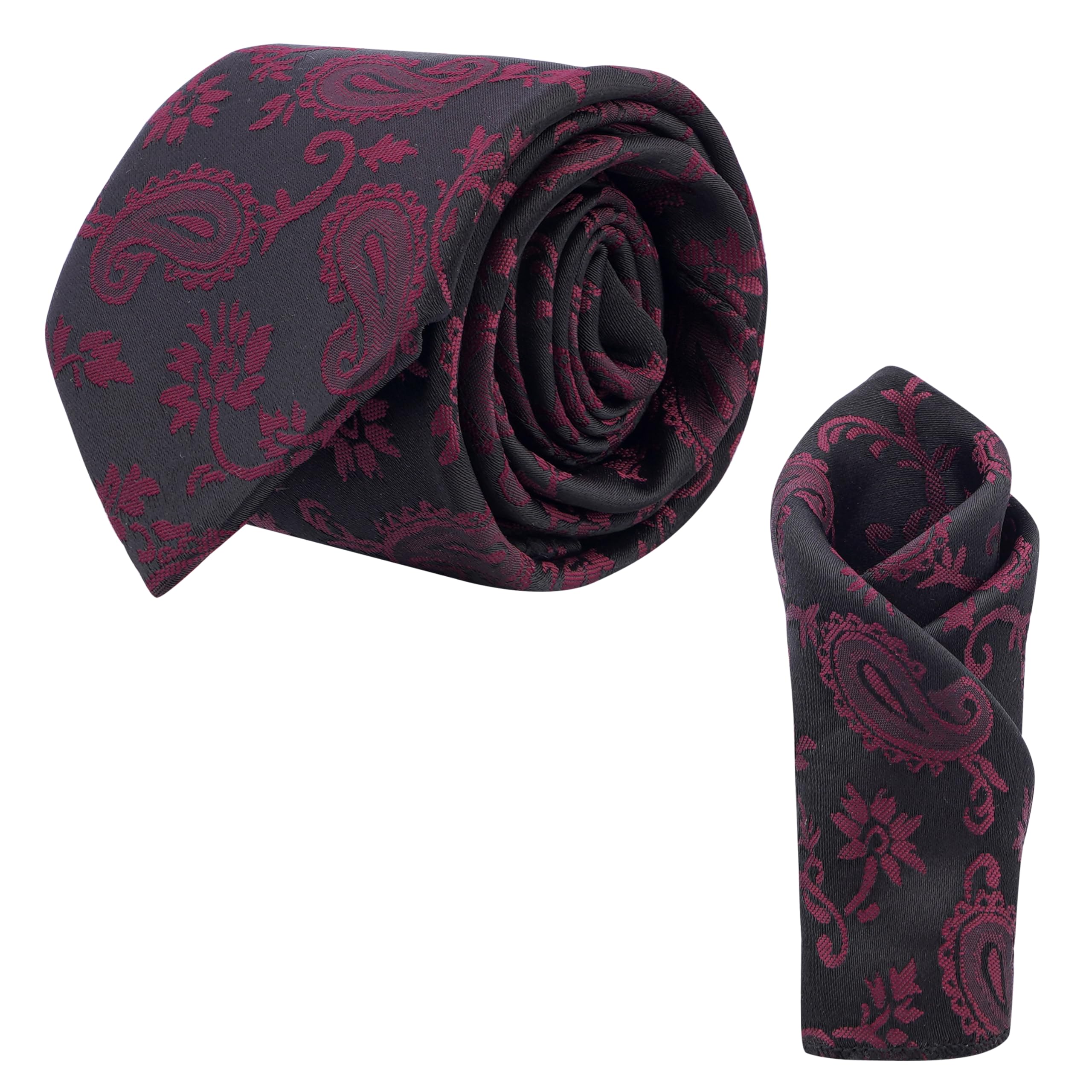 calixto Men’s Paisley Necktie Gift Set – Black Tie with Maroon Floral Pattern + Matching Pocket Square – Elegant Gift Box for Formal, Wedding, and Business Wear-picture-44