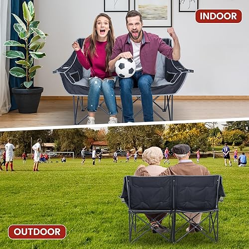 Miniatura 6 de DoCred Silla de campamento doble con calefacción, sillas de camping plegables con calefacción, sofá biplaza para deportes al aire libre, sillas de