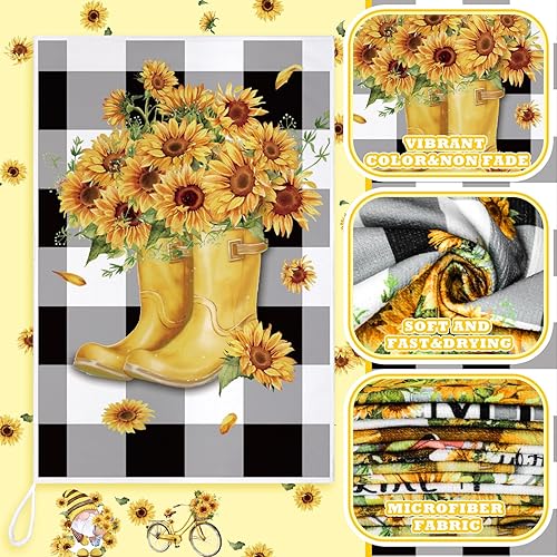 Miniatura 6 de SATINIOR Juego de 12 toallas de cocina de girasol, gnomo, juego de toallas de mano a cuadros de búfalo, decoración de cocina, reutilizable,