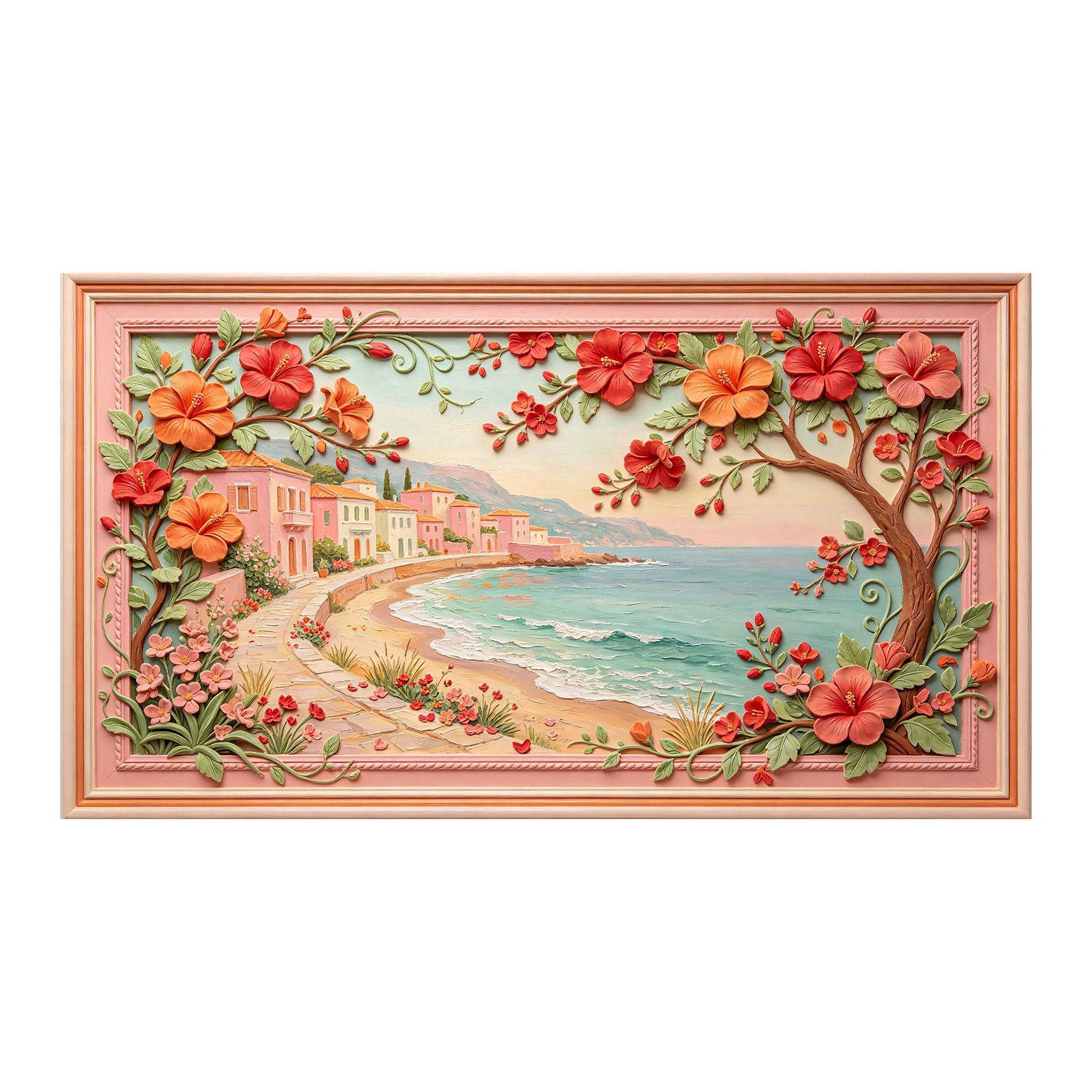 Murasolite 3D Framed Wall Art Mediterranean Coastal Seaside Village Floral Oil Painting SelfAdhesive Fabric Mural Wall Decor,No Damage to Wall,AntiFall Safe Design for Bedroom Living Room