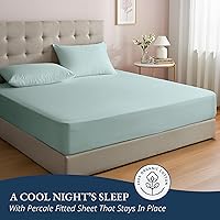 Vista 5 de LANE LINEN - Sábana bajera tamaño Queen 100% algodón orgánico y 2 fundas de almohada, tejido de percal suave y transpirable, apta para colchones