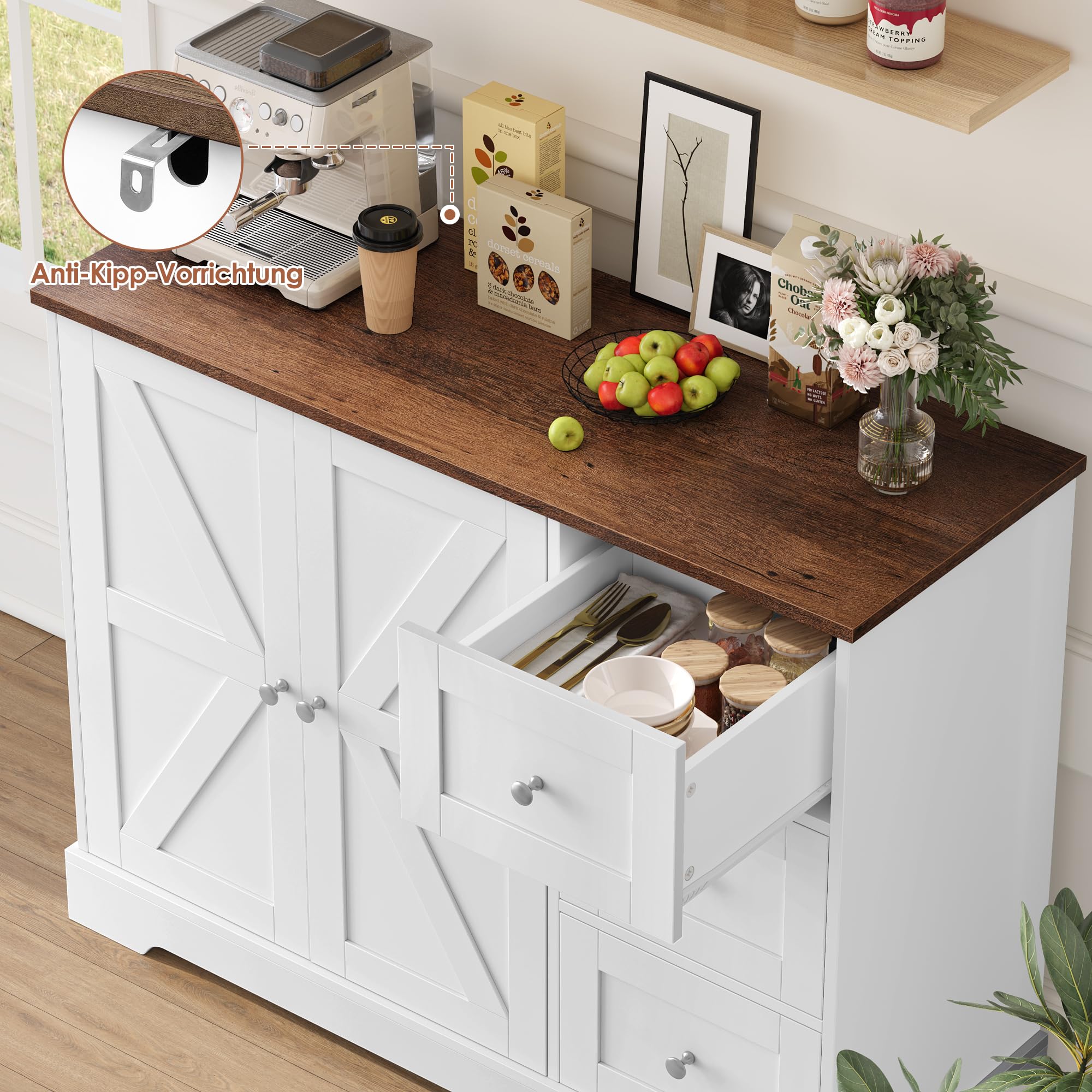 HOCSOK Credenza Cucina, Mobiletto con 3 cassetti e Ripiani, Multiuso Mobile Cucina Salvaspazio, Armadio di Stoccaggio Legno per Cucina, Soggiorno, Sala da Pranzo, Bianco e Marrone, 40x105x81cm | Armadio buffet con piani di lavoro per cucina, sala da pranz