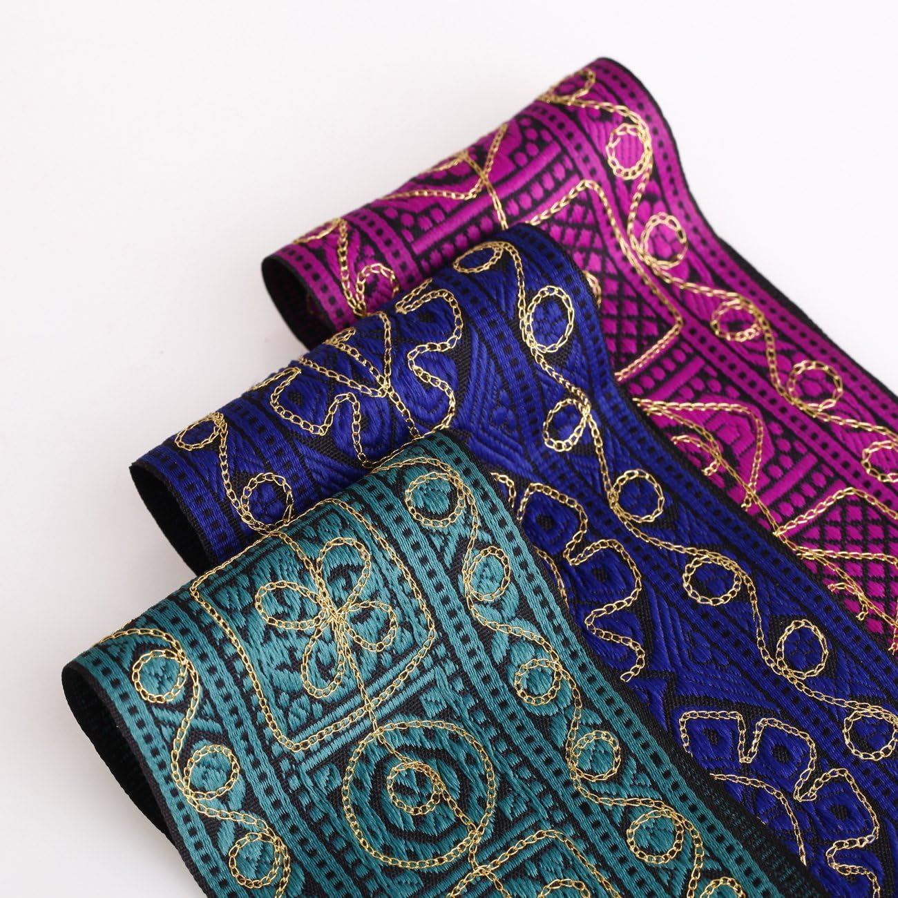 The Yard Neotrims Large Traditional Embroidered Celtic Aztec Jacquard Geometric Ribbon on Black Base with Magenta/Royal Blue/Soft Green Trimming - Metal Wire/Gold Embroidered 7cm Wide