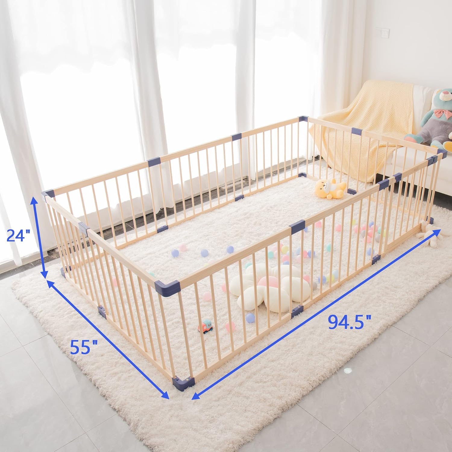 Baby Playpen Kids Fence with Safety Gate, Activity Play Center, Anti-Drop Function, Pure Wooden Play Yard Indoor Outdoor